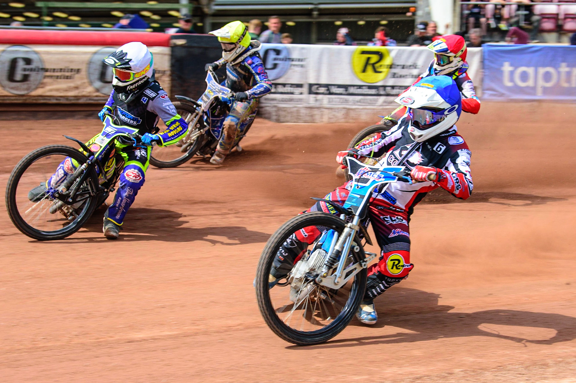 MANCHESTER, UK.  JUN 3RD  Archie Freeman  (Blue) inside Jacob Clouting  (White) Arran Butcher (Yellow) and Nathan Ablitt  (Red) during the National Development League match between Belle Vue Colts and Oxford Chargers at the National Speedway Stadium, Manchester on Friday 3rd June 2022. (Credit: Ian Charles | MI News)