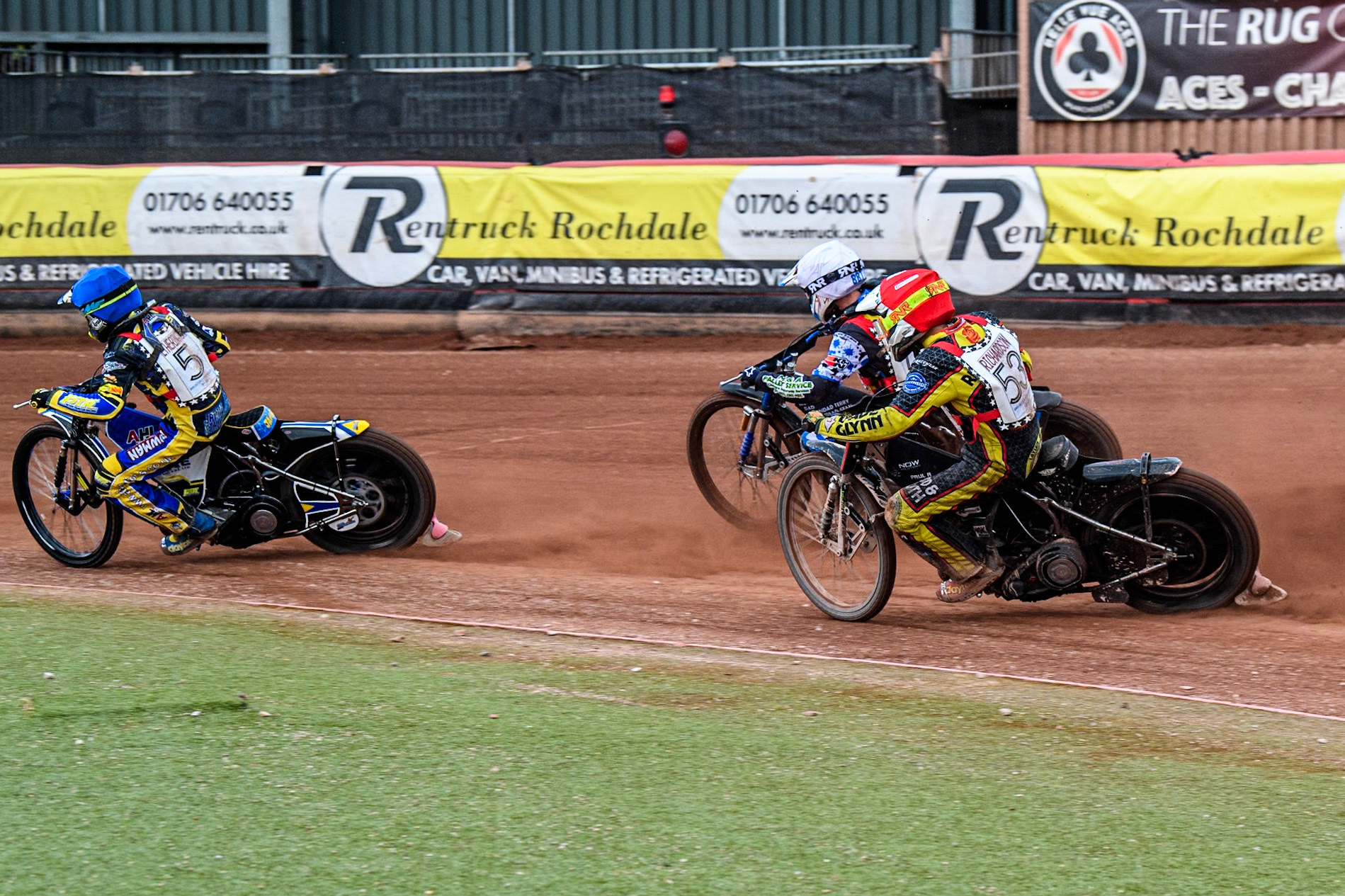 Laylen Richardson (500cc)  in Red chases Billy Budd (500cc)  in White and Jamie Etherington (500cc)  in Blue during the British Youth 500cc Championships at the National Speedway Stadium, Manchester on Friday 2nd August 2024. (Photo: Ian Charles | MI News)