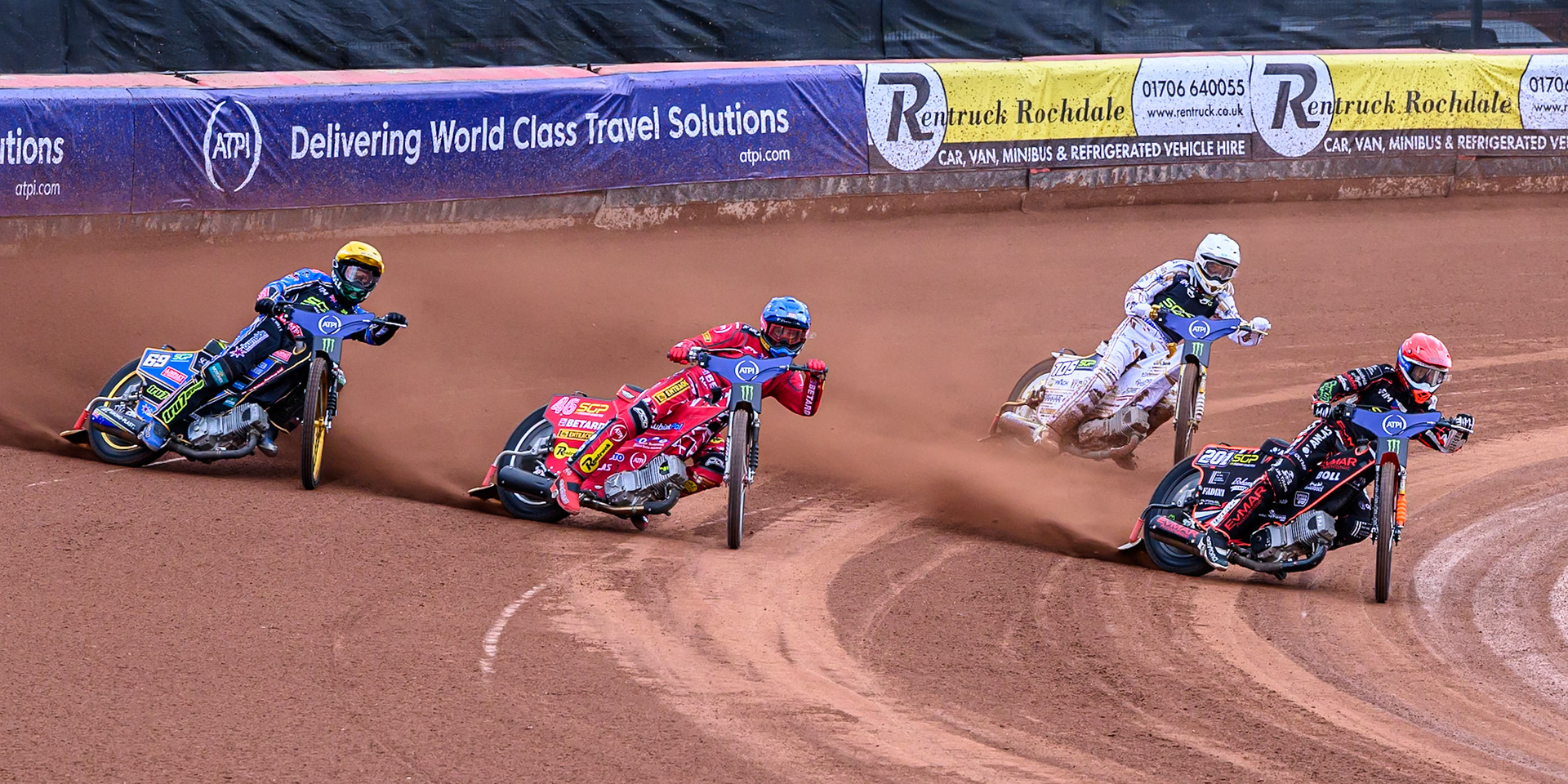 January Kvech (201) of Czech Republic in Red leading Max Fricke (46) of Australia in Blue, Anders Thomsen (105) of Denmark in White and Jason Doyle (69) of Australia in Yellow during the ATPI FIM Speedway Grand Prix Round 4 at the National Speedway Stadium, Manchester, on Friday 13th June 2025. (Photo: Ian Charles | MI News)