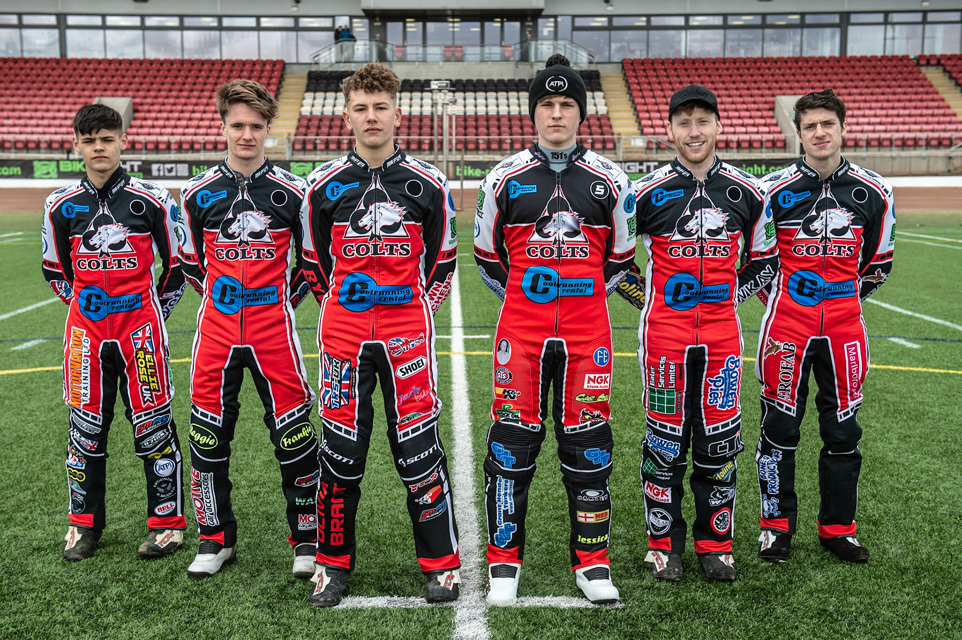 MANCHESTER, ENGLAND  - March 12  Belle Vue Colts (l-r) Jordan Palin, Ben Rathbone, Harry McGurk, Kyle Bickley, Paul Bowen, Ben Woodhull  during The Belle Vue Speedway Media Day, at The National Speedway Stadium, Manchester, on Thursday 12 March 2020. (Credit: Ian Charles | MI News)
