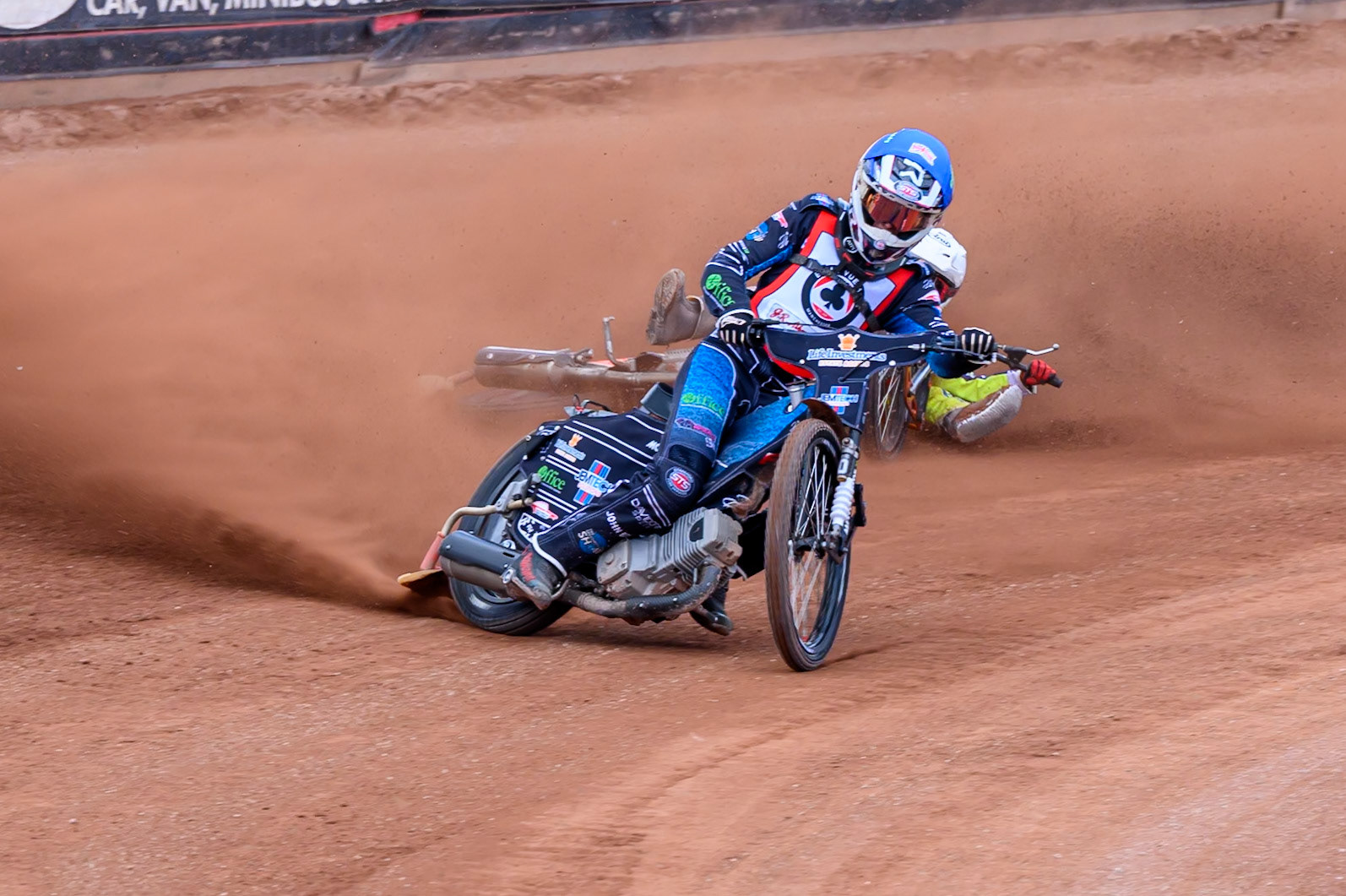 JR ASHWORTH &amp; SONS COLTS ACADEMY INDIVIDUALFreddy Hodder  in Blue leading Harry Fletcher  in White who slides off during the JR Ashworth &amp; Sons Colts Individual at the National Speedway Stadium, Manchester on Sunday 10th May 2026. (Photo: Ian Charles | MI News)