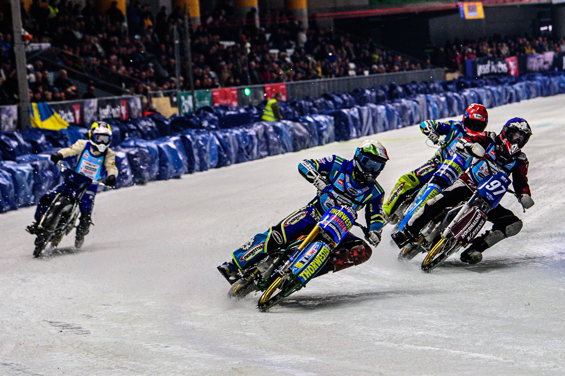 Luca Bauer (White) leads Ove Ledström (Blue) and Günther Bauer (Red) during the Race of Legends at the Max-Aicher-Arena, Inzell on Friday 17th March 2023. (Photo: Ian Charles | MI News)
