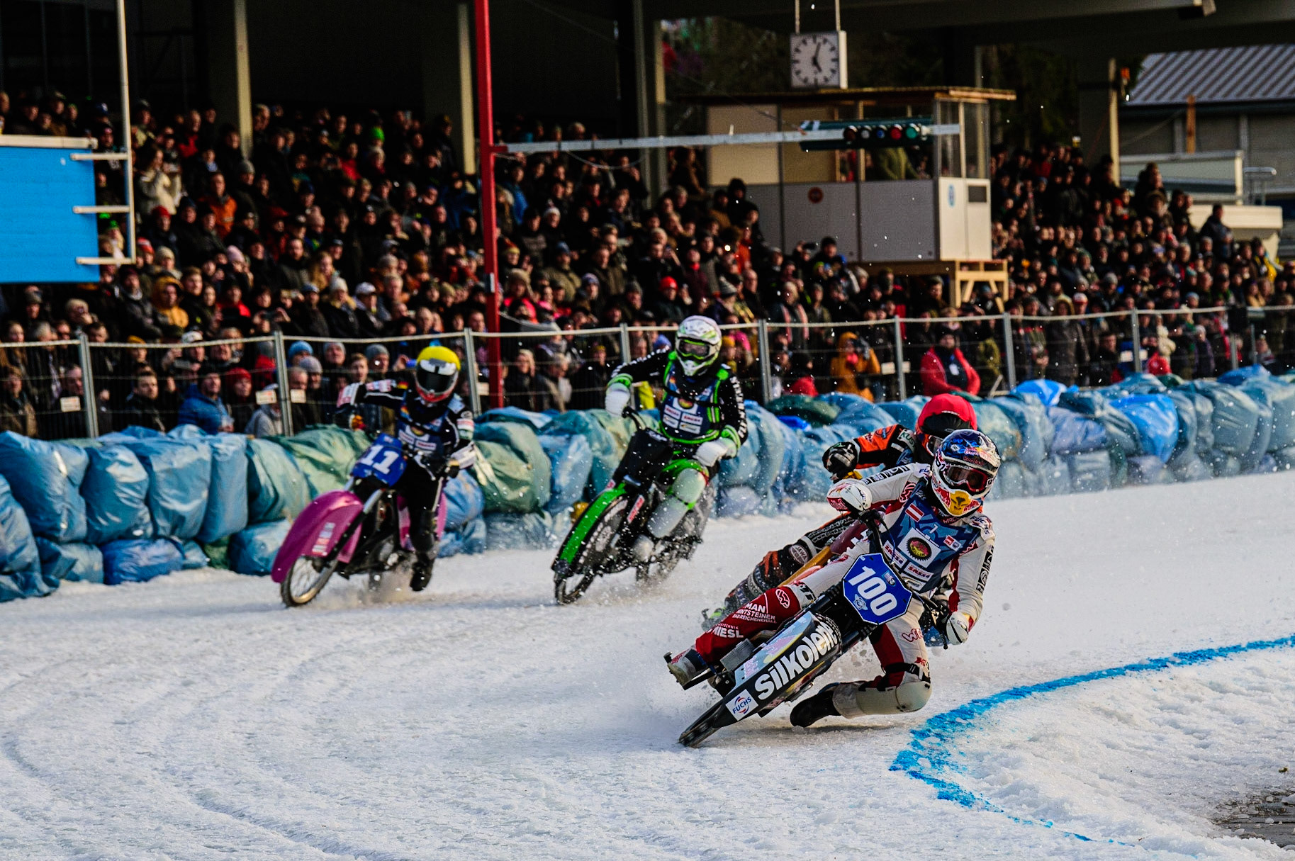 Franz Zorn (Blue) leads Lukas Hutla (Red) with Finn Loheider (White) and Benedikt Monn (Yellow) behind during the German Individual Ice Speedway Championship at Horst-Dohm-Eisstadion, Berlin on Friday 3rd March 2023. (Photo: Ian Charles | MI News)