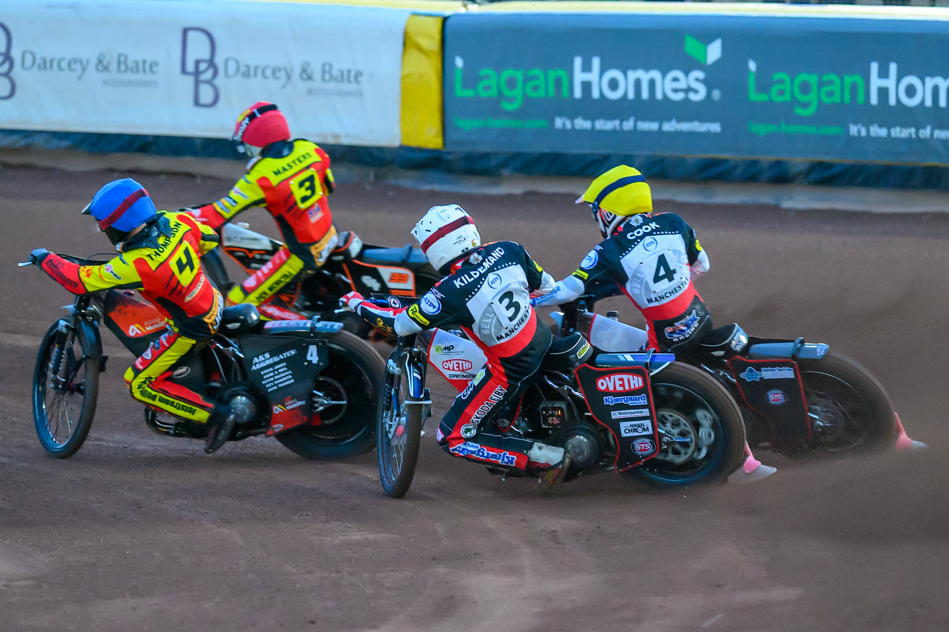 Peter Kildemand of Belle Vue Aces  in White and Zach Cook of Belle Vue Aces in Yellow chase Dan Thompson of Leicester Lions in Blue and Sam Masters of Leicester Lions in Red during the Rowe Motor Oil Premiership match between Leicester Lions and Belle Vue Aces at the Hydroscan Arena, Leicester on Monday 7th September 2026. (Photo: Ian Charles | MI News)