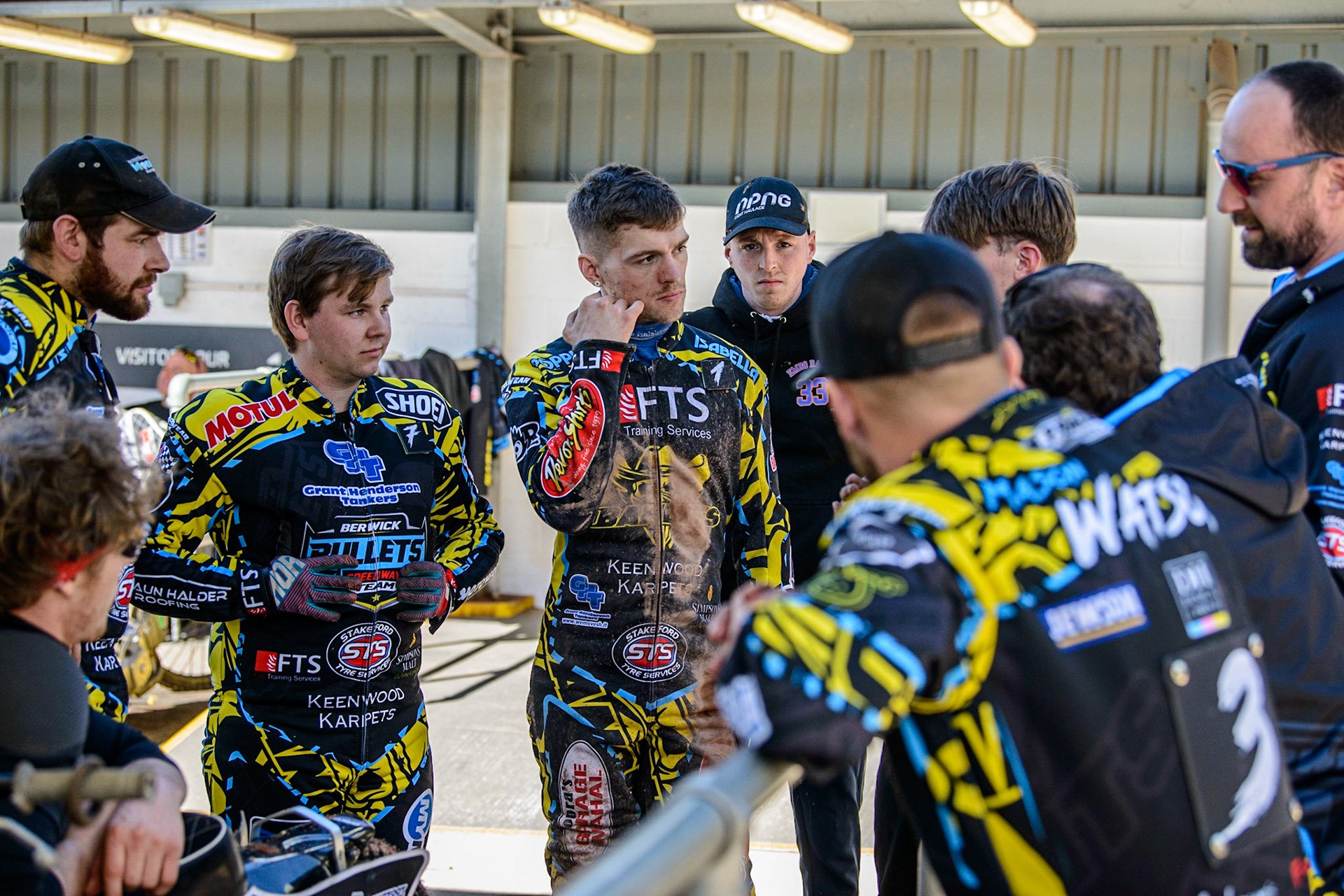 Berwick ‘GHT’ Bullets  have a team meeting during the National Development League match between Belle Vue Colts and Berwick Bullets at the National Speedway Stadium, Manchester on Friday 7th April 2023. (Photo: Ian Charles | MI News)
