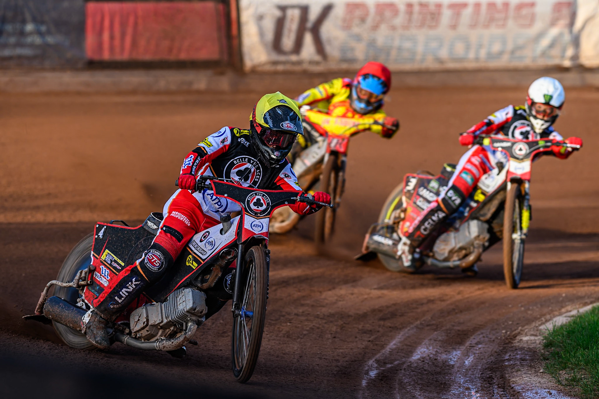 Belle Vue Aces' Zach Cook  in Yellow \l;\ Belle Vue Aces' Jaimon Lidsey  in White and Birmingham Brummies' Jonas Jeppesen  in Red during the Rowe Motor Oil Premiership match between Birmingham Brummies and Belle Vue Aces at Perry Barr Stadium, Birmingham on Monday 28th July 2025. (Photo: Ian Charles | MI News)