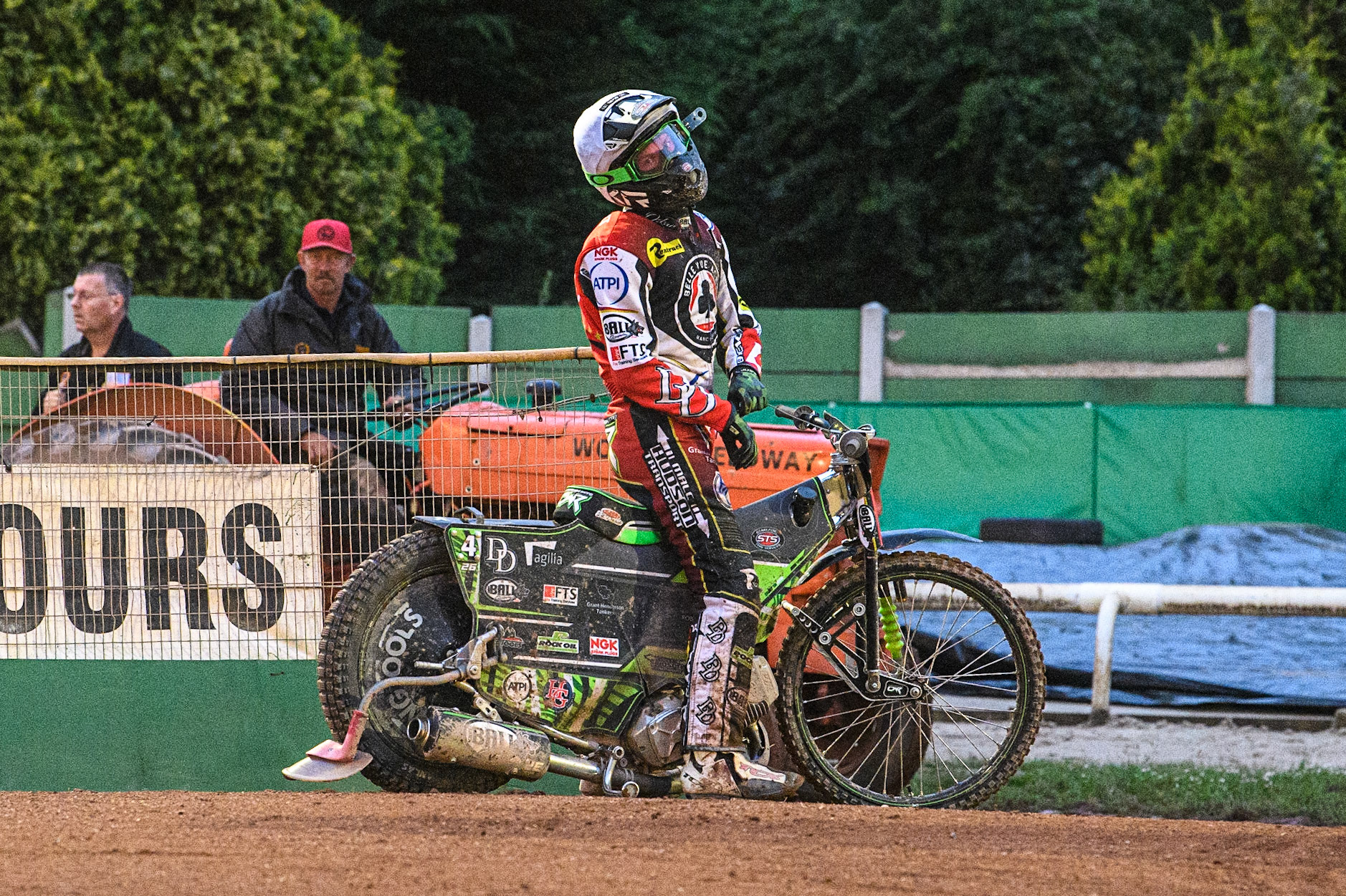 Charles Wright sits on the pit entrance just off the track after his engine failure during the Sports Insure Premiership match between Wolverhampton Wolves and Belle Vue Aces at Monmore Green Stadium, Wolverhampton on Monday 10th July 2023. (Photo: Ian Charles | MI News)