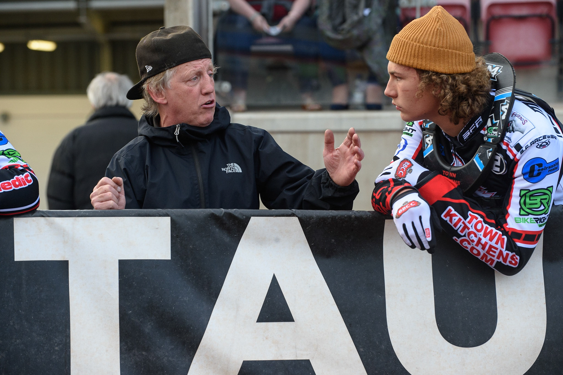 MANCHESTER, UK. JULY 29TH   Harry McGurk  (right) with mentor - former rider Sean Wilson during the National Development League match between Belle Vue Colts and Leicester Lion Cubs at the National Speedway Stadium, Manchester on Thursday 29th July 2021. (Credit: Ian Charles | MI News)