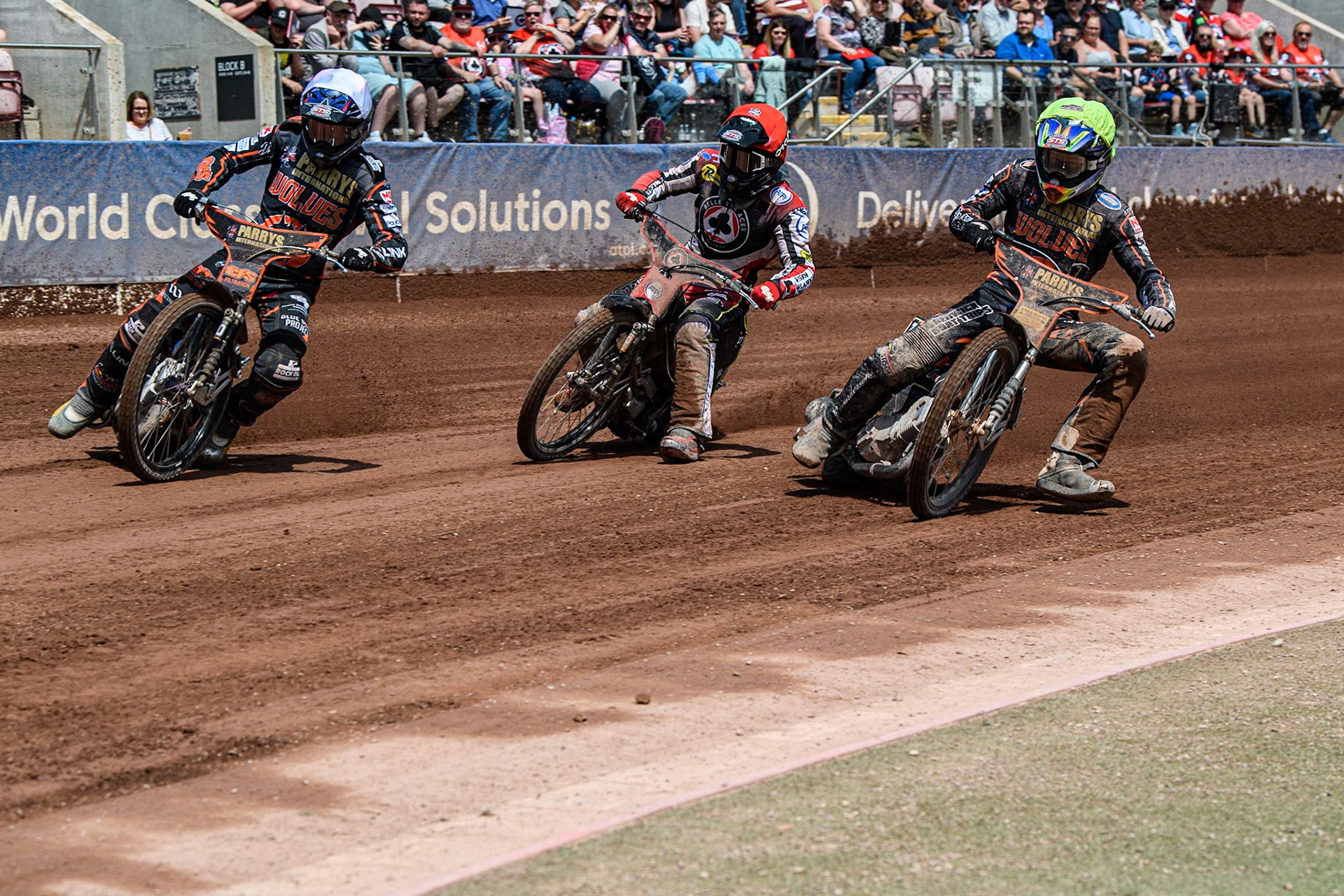 (l - r) Steve Worrall (White) Tom Brennan (Red) and Leon Flint (Yellow) during the Sports Insure Premiership match between Belle Vue Aces and Wolverhampton Wolves at the National Speedway Stadium, Manchester on Monday 29th May 2023. (Photo: Ian Charles | MI News)