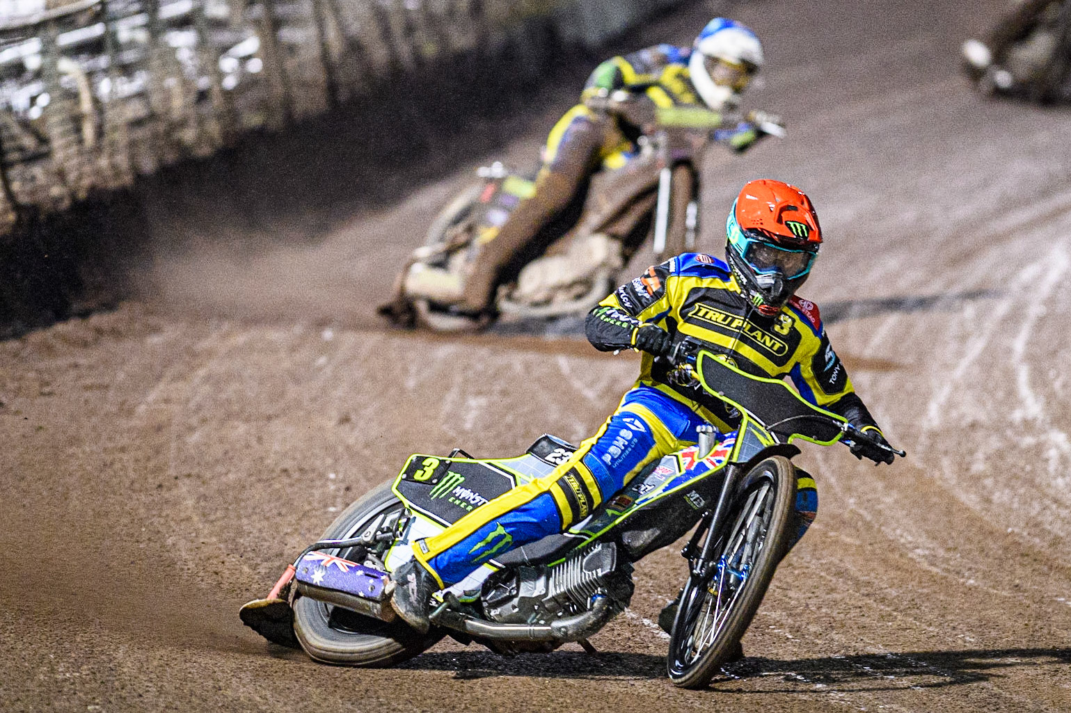 Chris Holder (Red) leads  team mate Josh Pickering (Blue) during the Sports Insure Premiership Grand Final Second Leg match between Sheffield Tigers and Ipswich Witches at Owlerton Stadium, Sheffield on Thursday 5th October 2023. (Photo: Ian Charles | MI News)