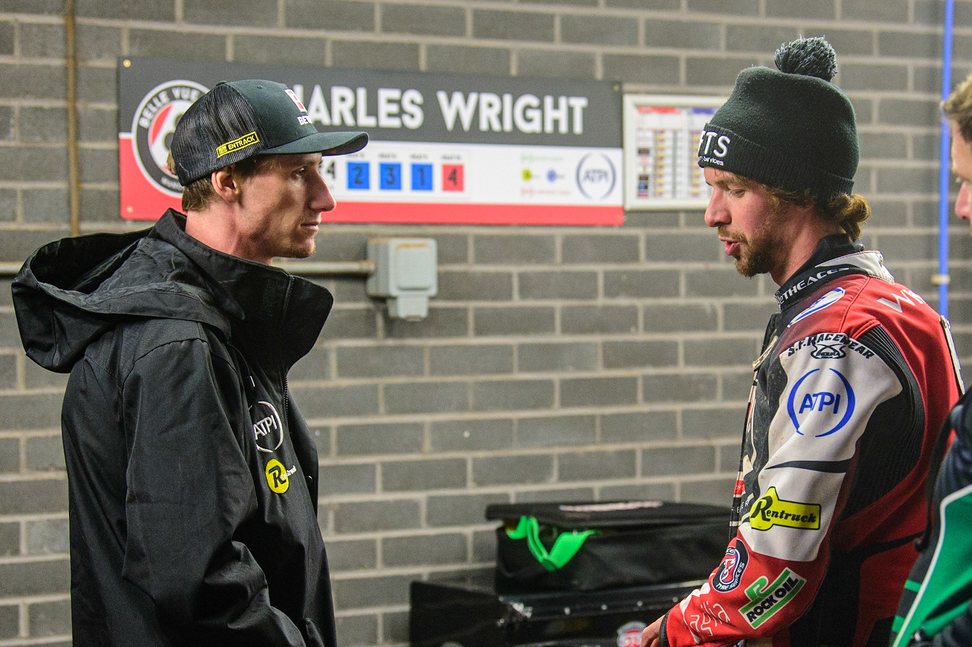 Charles Wright  (right) chats with injured Aces rider Max Fricke during the SGB Premiership Semi Final 2nd Leg between Belle Vue Aces and Ipswich Witches at the National Speedway Stadium, Manchester on Monday 3rd October 2022. (Credit: Ian Charles | MI News)
