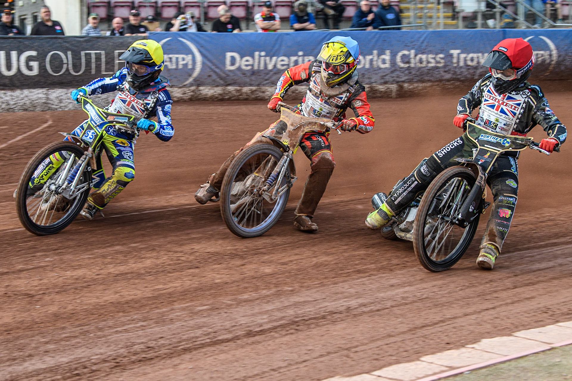Jody Scott (Yellow) leads Max James  (Blue) and Ashton Vale (Red) during the British Youth Speedway Championships at the National Speedway Stadium, Manchester on Friday 21st July 2023. (Photo: Ian Charles | MI News)
