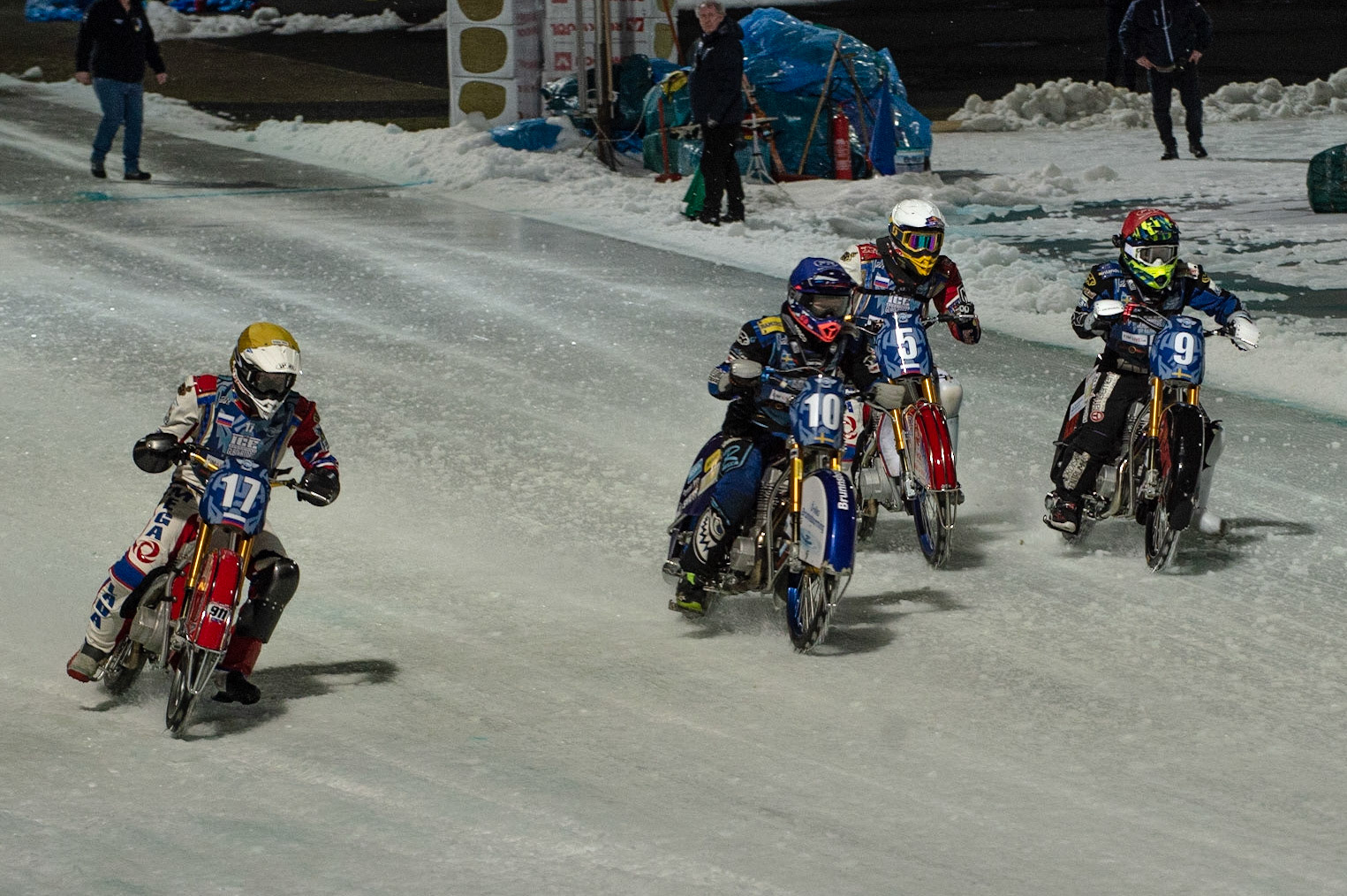 BERLIN GERMANY  - February 29   Igor Kononov (Yellow) outside Niclas Svensson (Blue) Daniil Ivanov (White) and Martin Haarahiltunen (Red) during theIce Speedway of Nations (Day 1) at the Horst-Dohm-Eisstadion, Berlin,  on Saturday 29 February 2020. (Credit: Ian Charles | MI News)