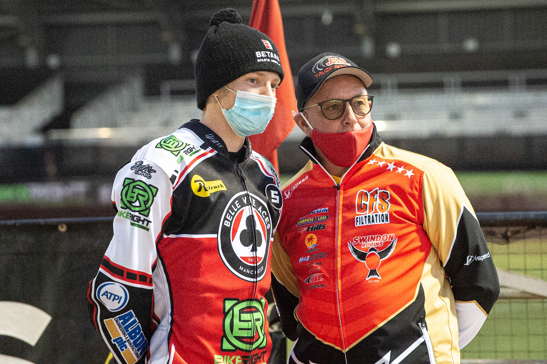 Photo: Ian CharlesDan Bewley of Belle Vue 'BikeRight' Aces  (left) chats with Alun Rossiter, team manager of the 'ATPI' All StarsBelle Vue ‘Bikerite ’Aces v ‘ATPI’ All Stars, Premiership Challenge, National Speedway Stadium, Manchester Thursday  24  September  2020