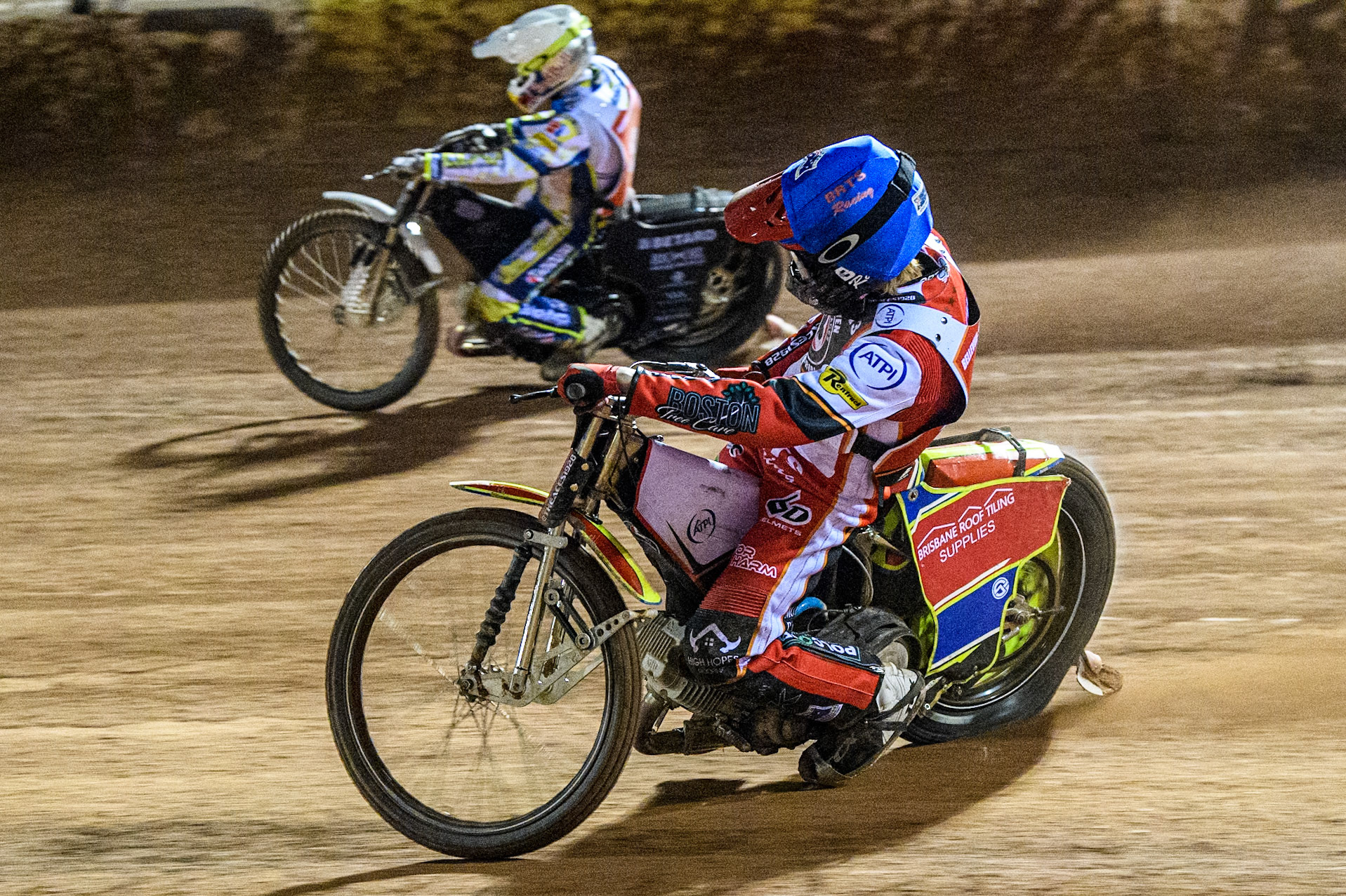 Tate Zischke in Blue rides inside  Maciej Janowski in White  during the Peter Craven Memorial Trophy at the National Speedway Stadium, Manchester on Monday 17th March 2025. (Photo: Ian Charles | MI News)