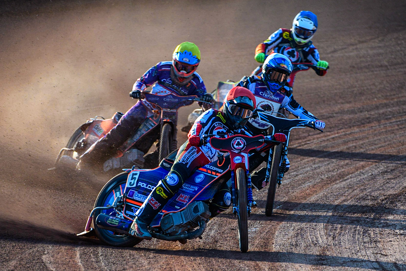 Brady Kurtz (Red) leads Vadim Tarasenko (White) Jordan Jenkins (Yellow) and Jake Mulford (Blue) during the Sports Insure Premiership match between Belle Vue Aces and Peterborough at the National Speedway Stadium, Manchester on Monday 19th June 2023. (Photo: Ian Charles | MI News)