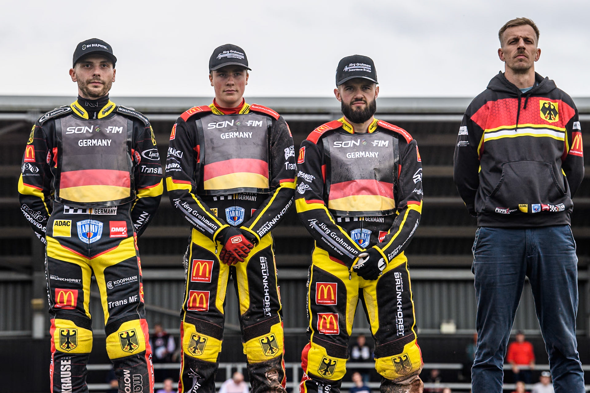 Germany: (L to R) Kai Huckenbeck, Norick Blödorn, Erik Riss and Team manager, Mathias Bartz during the Monster Energy FIM Speedway of Nations Semi-Final 1 at the National Speedway Stadium, Manchester on Tuesday 9th July 2024. (Photo: Ian Charles | MI News)