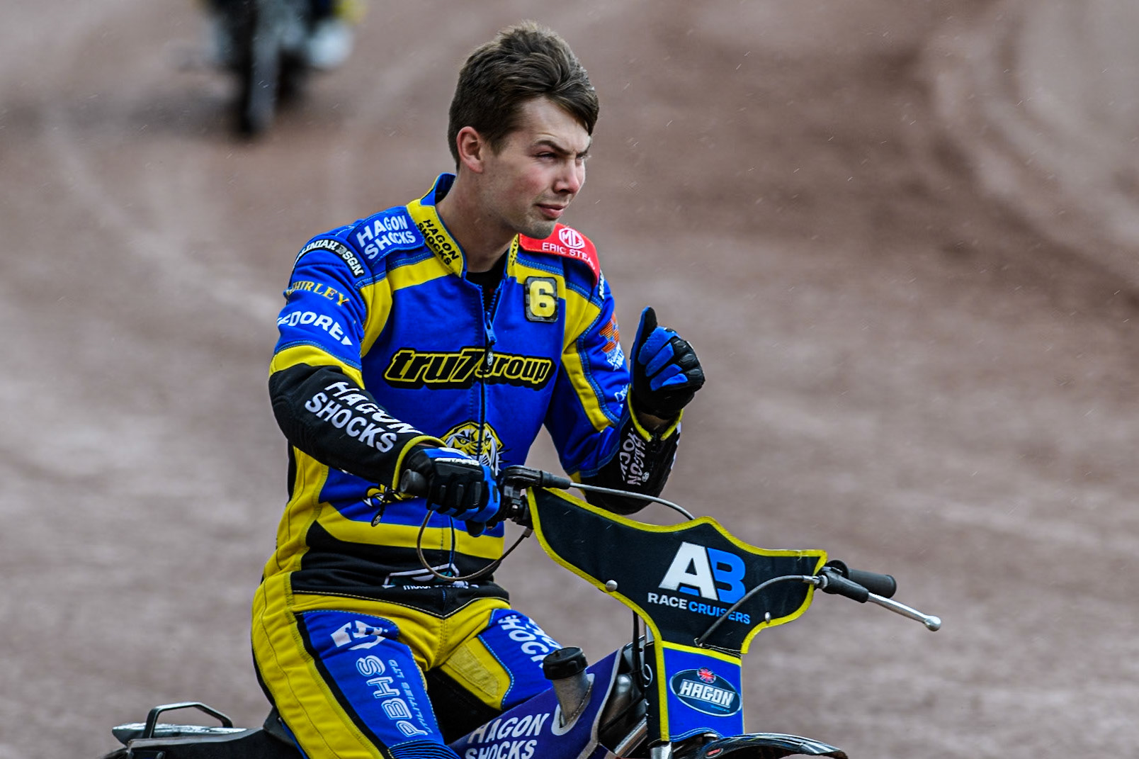 Sheffield Tigers' Jason Edwards on the parade lap during the Rowe Motor Oil Premiership match between Belle Vue Aces and Sheffield Tigers at the National Speedway Stadium, Manchester on Monday 27th May 2024. (Photo: Ian Charles | MI News)