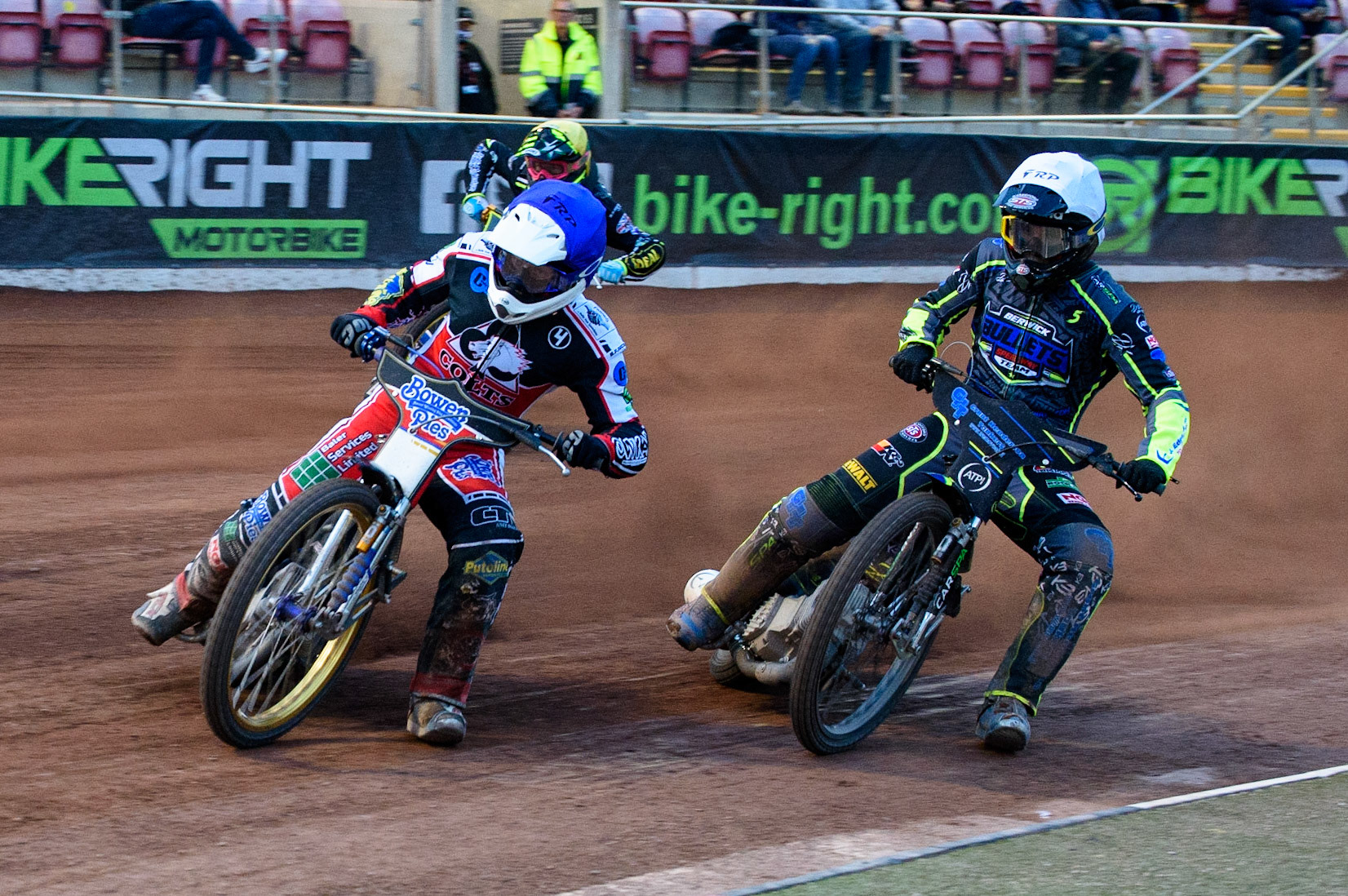 MANCHESTER, UK. MAY 28TH  Paul Bowen  (Blue) leads Kyle Bickley   (White) during the SGB National Development League match between Belle Vue Colts and Berwick Bullets at the National Speedway Stadium, Manchester on Friday 28th May 2021. (Credit: Ian Charles | MI News)