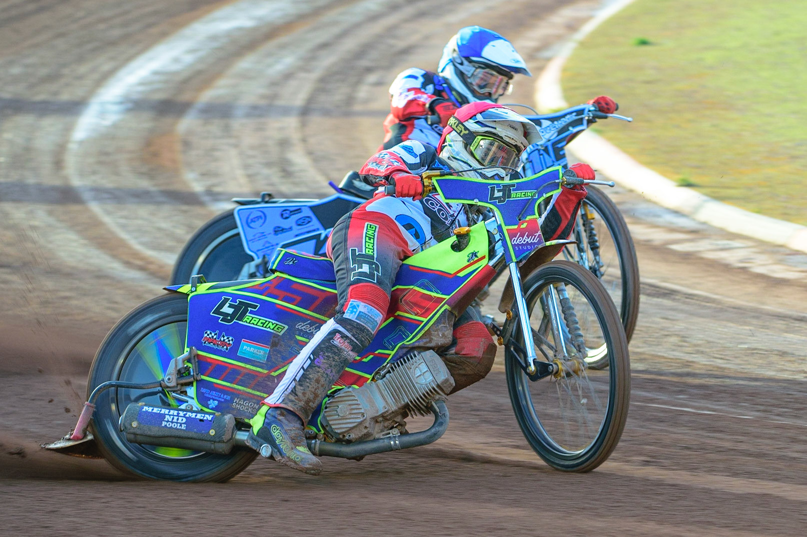 MANCHESTER, UK. MAY 27TH Nathan Ablitt  (Red) outside’ Sam McGurk  (Blue) during the National Development League match between Belle Vue Colts and Armadale Devils at the National Speedway Stadium, Manchester on Friday 27th May 2022. (Credit: Ian Charles | MI News)