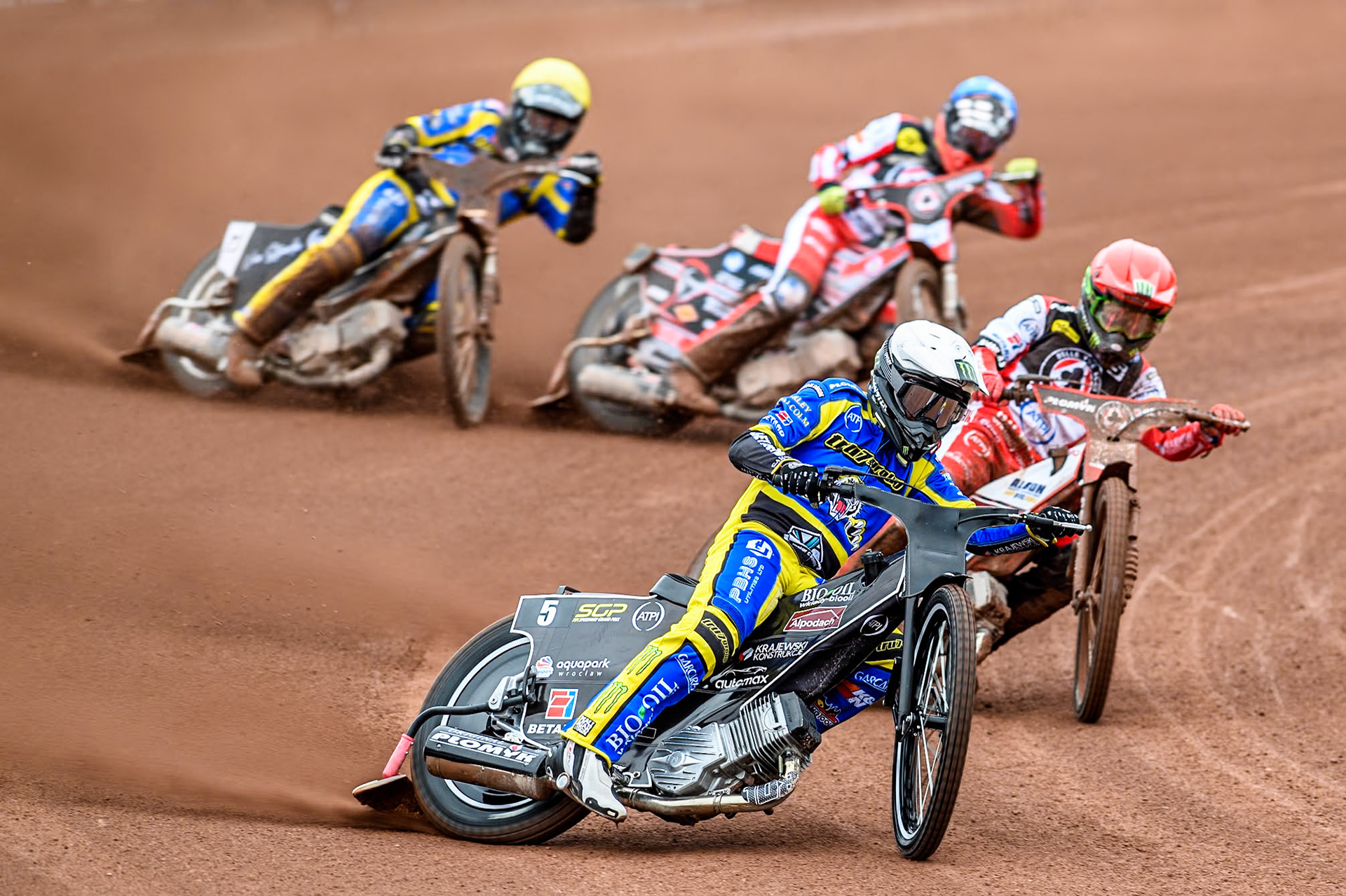 Sheffield Tigers' Tai Woffinden \during the Rowe Motor Oil Premiership KO Cup Quarter Final 1st Leg between Belle Vue Aces andw\ leads  Belle Vue ATPI Aces Dan Bewley (Red), Sheffield Tigers' Dan Gilkes (Yellow) and Belle Vue ATPI Aces Connor Bailey  (Blue)  Sheffield Tigers at the National Speedway Stadium, Manchester on Monday 1st April 2024. (Photo: Ian Charles | MI News)