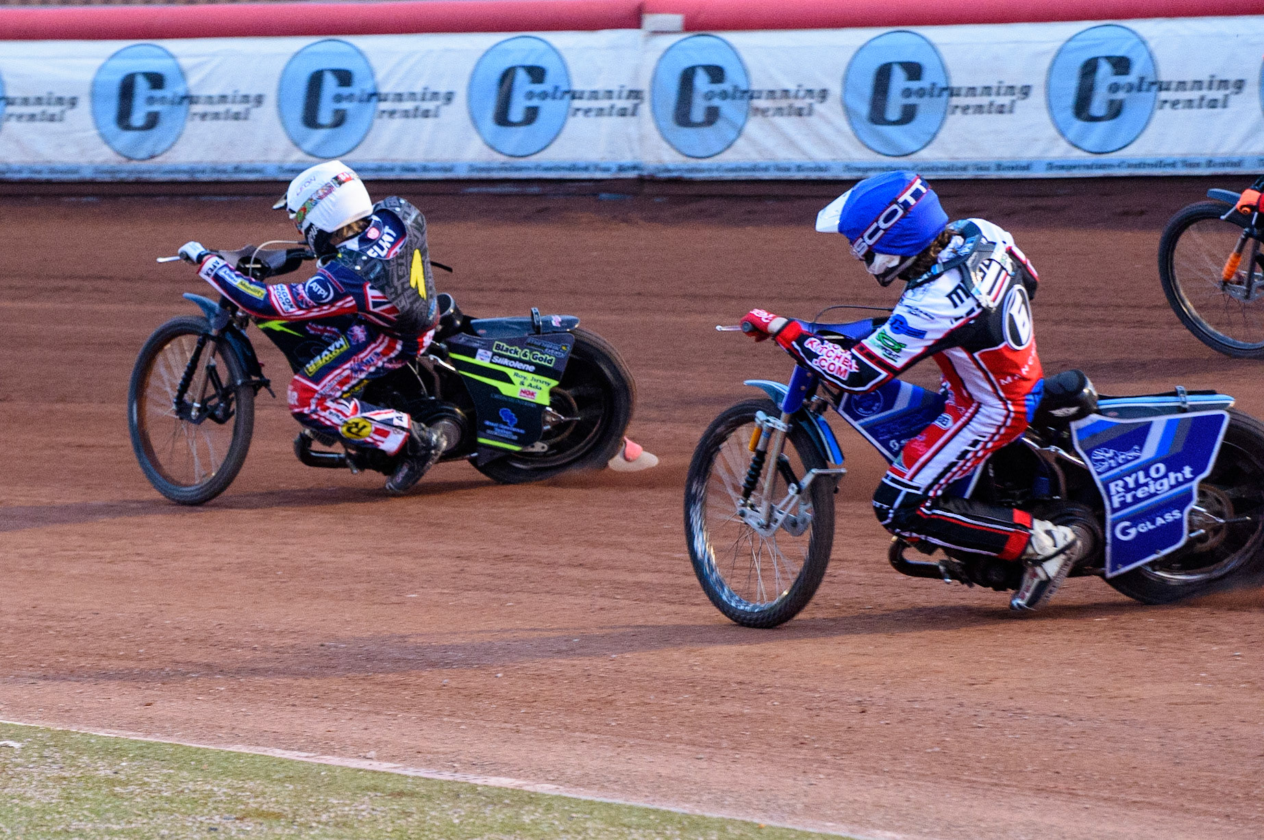 MANCHESTER, UK. MAY 28TH  Leon Flint  (White) leads Harry McGurk  (Blue) during the SGB National Development League match between Belle Vue Colts and Berwick Bullets at the National Speedway Stadium, Manchester on Friday 28th May 2021. (Credit: Ian Charles | MI News)