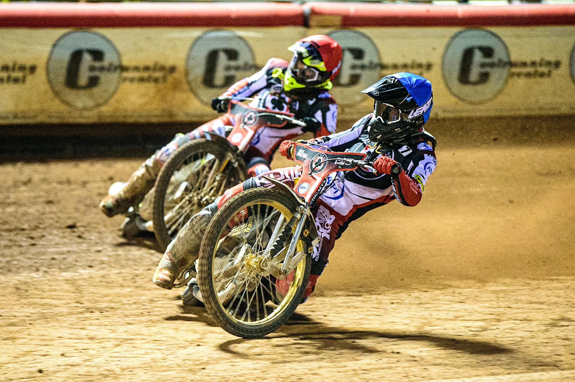 Norick Blodorn   (Blue) inside team mate Tom Brennan  (Red) during the SGB Premiership match between Belle Vue Aces and Sheffield Tigers at the National Speedway Stadium, Manchester on Monday 5th September 2022. (Credit: Ian Charles | MI News)