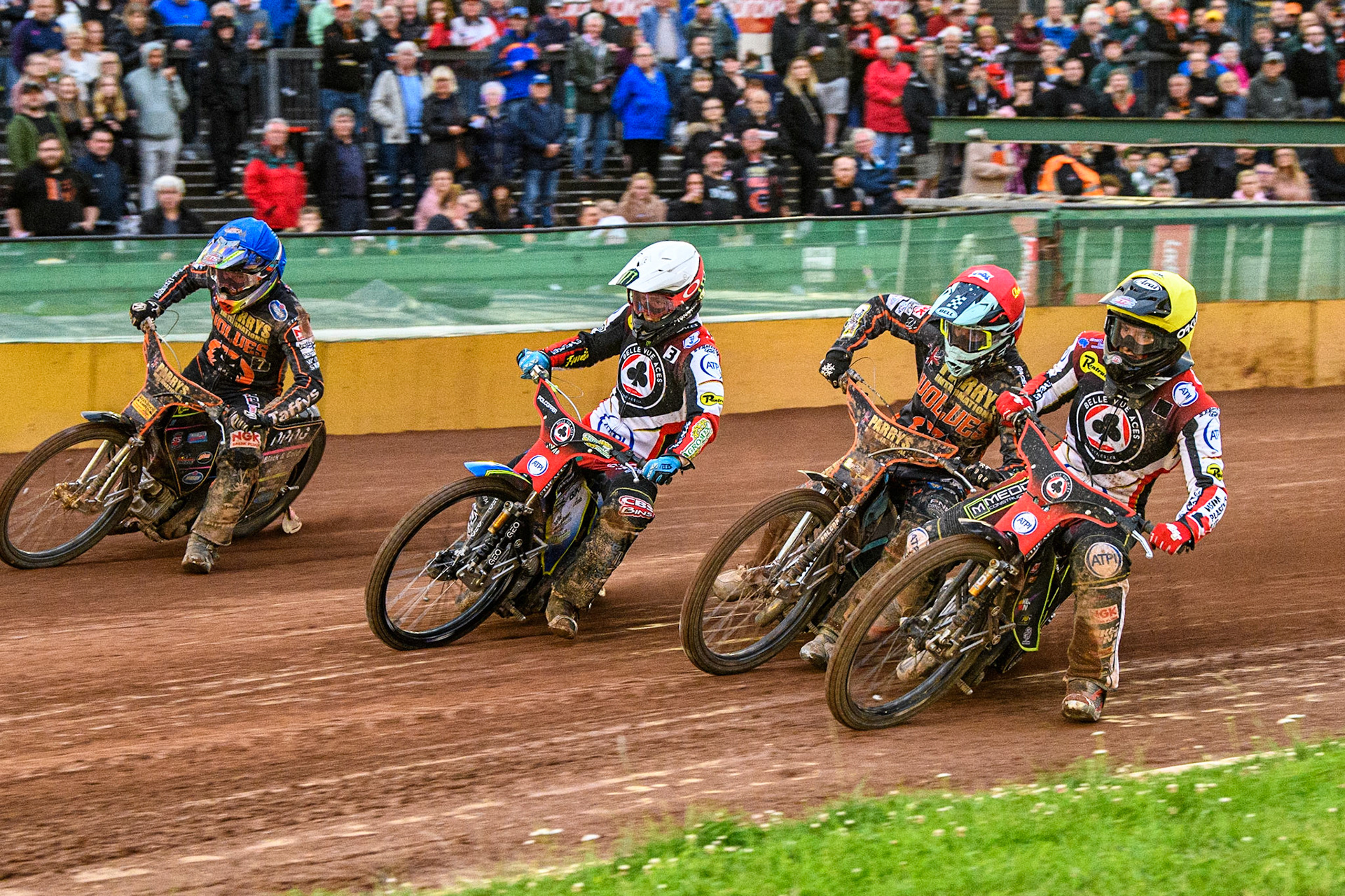 (l - r) Leon Flint (Blue), Jaimon Lidsey (White), Ryan Douglas (Red), Tom Brennan (Yellow) during the Sports Insure Premiership match between Wolverhampton Wolves and Belle Vue Aces at Monmore Green Stadium, Wolverhampton on Monday 10th July 2023. (Photo: Ian Charles | MI News)