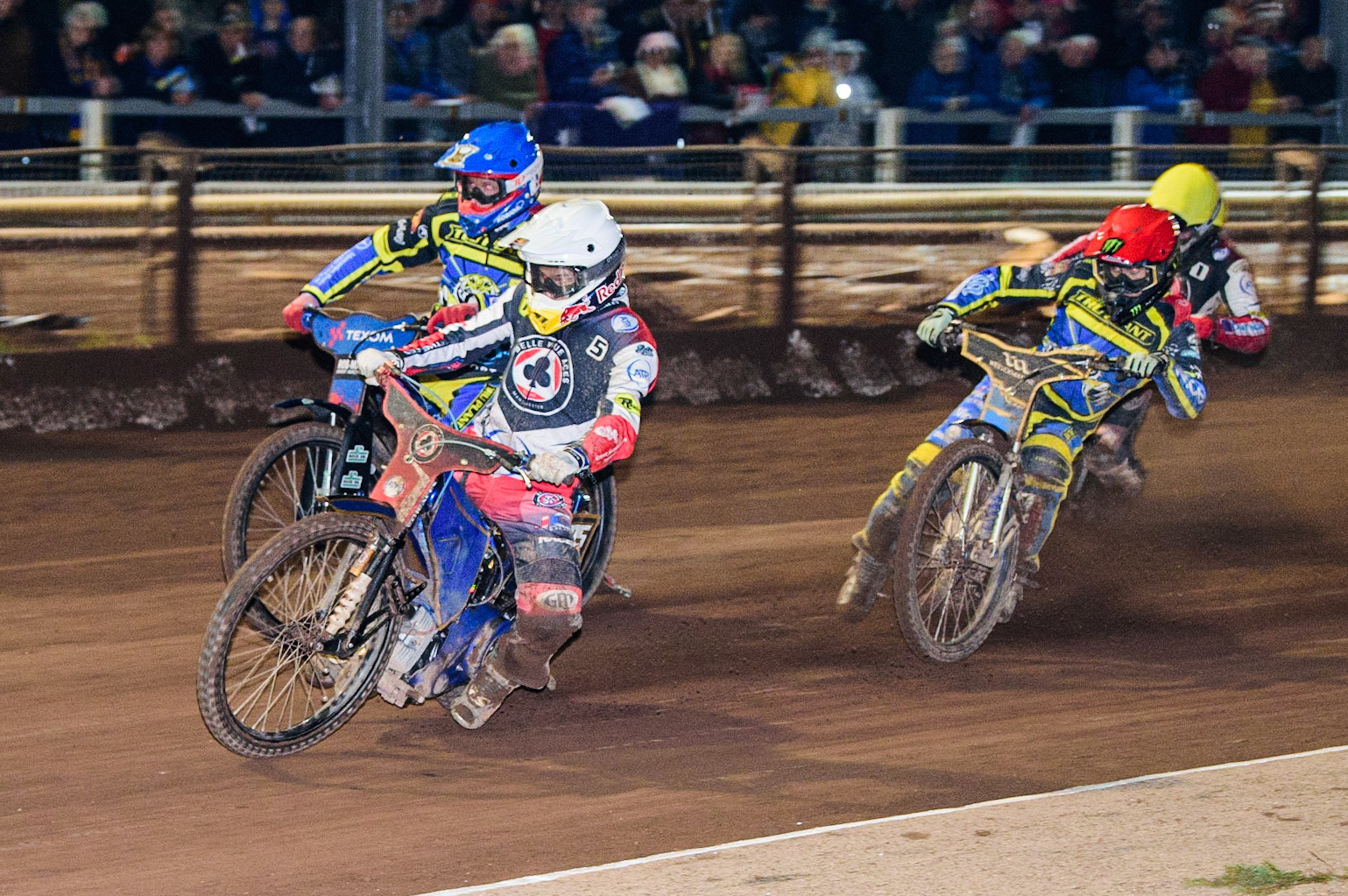 The final heat, as Robert Lambert  (White) leads Tobiasz Musielak  (Blue) and Jack Holder  (Red) with Brady Kurtz  (Yellow) behind during the SGB Premiership Grand Final 2nd Leg between Sheffield Tigers and Belle Vue Aces at Owlerton Stadium, Sheffield on Thursday 13th October 2022. (Credit: Ian Charles | MI News)