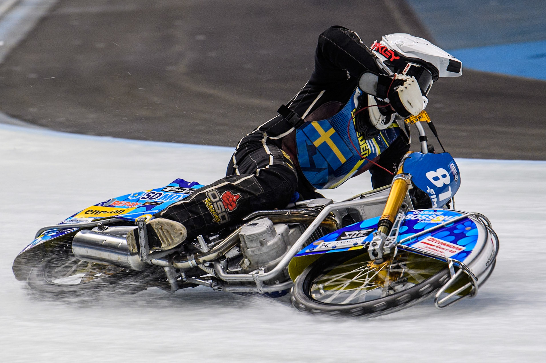Jimmy Olsén (81) of Sweden in action during practice for  the Ice Speedway Gladiators World Championship Finals 1 &amp; 2 at Max-Aicher-Arena, Inzell on Friday 14th March 2025. (Photo: Ian Charles | MI News)