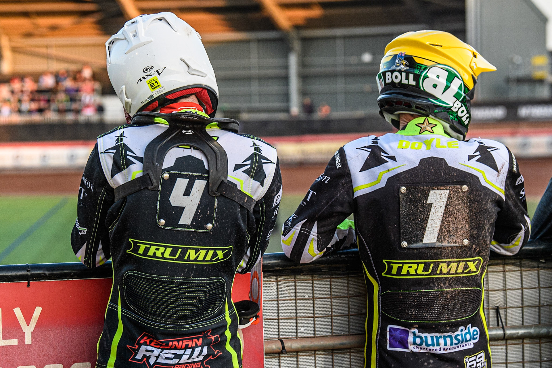 Keynan Rew (left) and Jason Doyle watch the track prep during the Sports Insure Premiership match between Belle Vue Aces and Ipswich Witches at the National Speedway Stadium, Manchester on Monday 5th June 2023. (Photo: Ian Charles | MI News)
