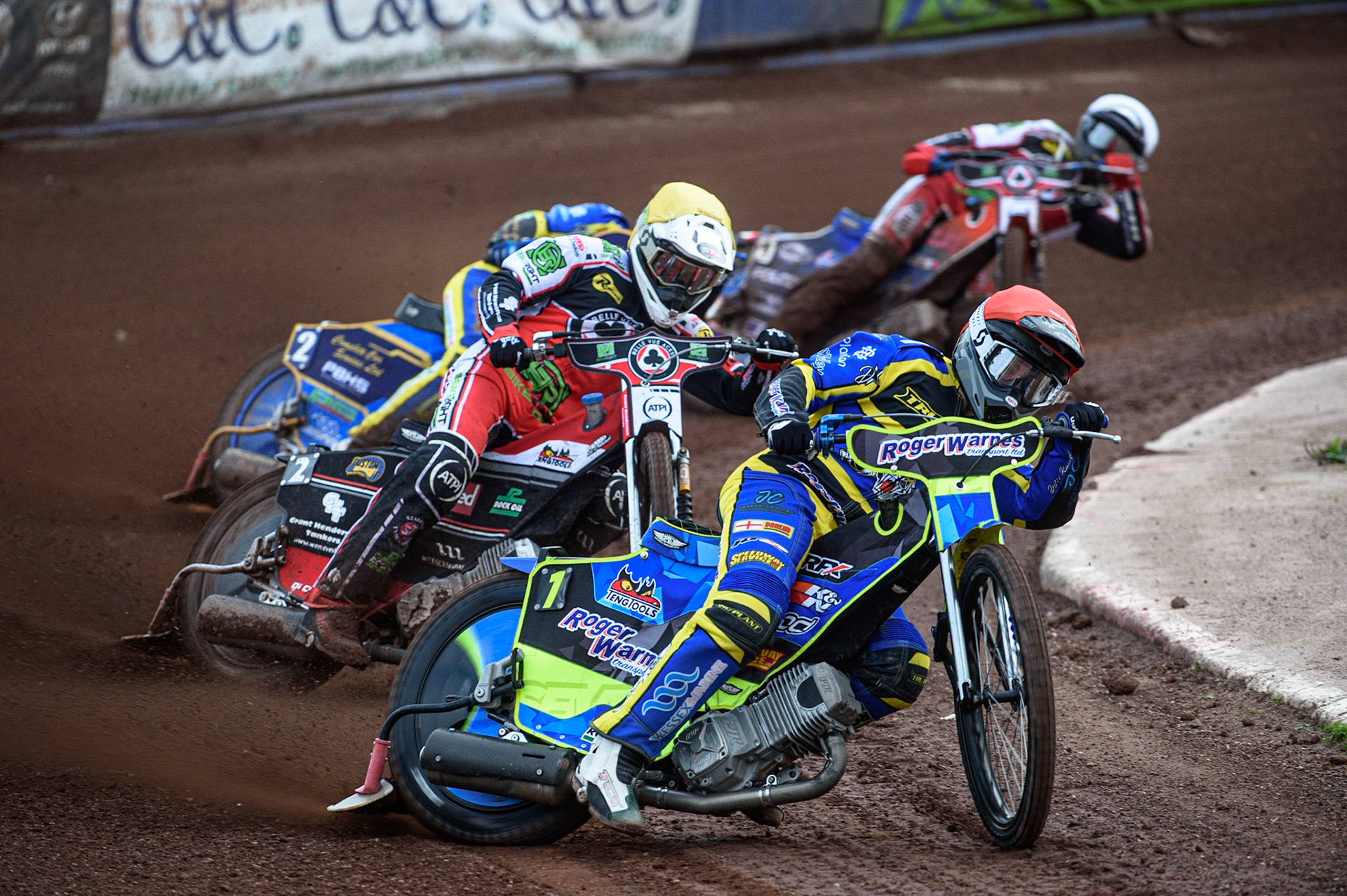 SHEFFIELD, UK. JULY 1ST     Troy Batchelor  (Red) leads Richie Worrall  (Yellow)  with Kyle Howarth  (Blue) and Brady Kurtz  (White) behind during the SGB Premiership match between Sheffield Tigers and Belle Vue Aces at Owlerton Stadium, Sheffield on Thursday 1st July 2021. (Credit: Ian Charles | MI News)