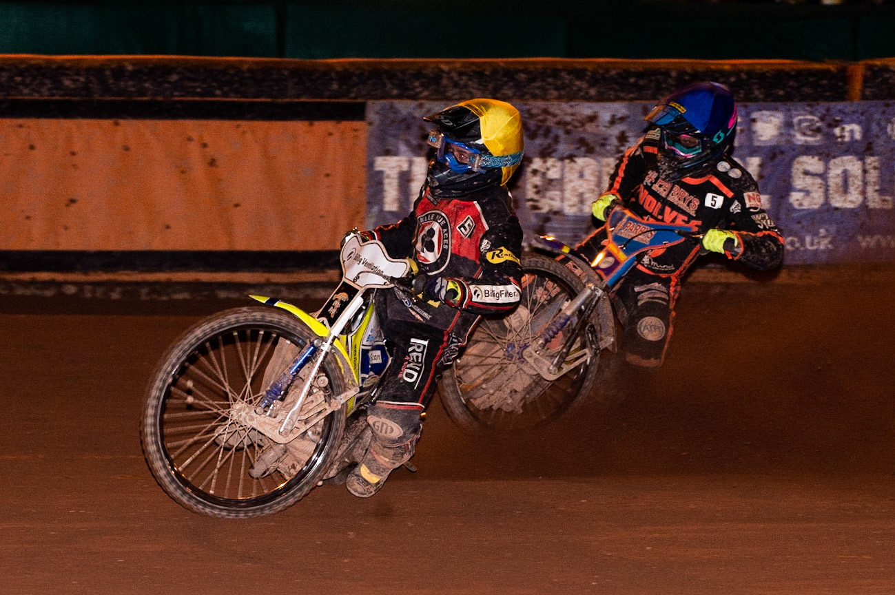 Photo by Ian Charles:

Kenneth Bjerre  (Yellow) leads Rory Schlein  (Blue)

Wolverhampton Wolves v Belle Vue Aces, British Speedway Premiership 22 April 2019