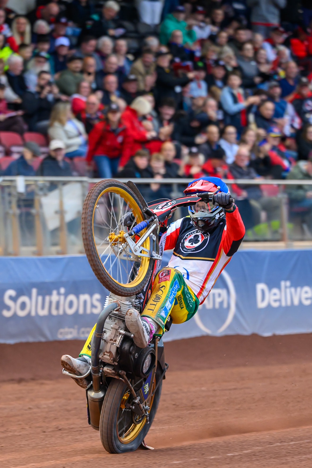 Jason Doyle of Belle Vue Aces celebrates with a wheelie during the Rowe Motor Oil Premiership match between Belle Vue Aces and Leicester Lions at the National Speedway Stadium, Manchester on Monday 15th June 2026. (Photo: Ian Charles | MI News)