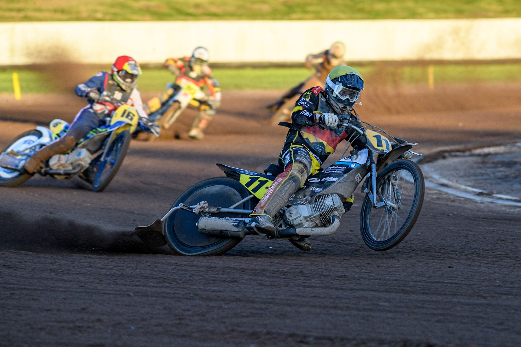 Erik Riss (Green) leads Chris Harris (Red) during the FIM Long Track Of Nations event at the Speed Centre Roden on Sunday 24th September 2023. (Photo: Ian Charles | MI News)