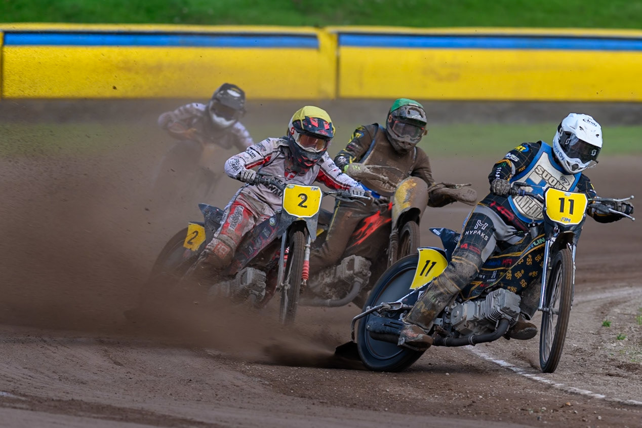 Jesse Mustonen (11) of Finland in White leading Patrick Kruse (2) of Denmark in Yellow , Ossi Rantala (12) of Finland in Green and Jacob Bukhave (3) of Denmark in Black &amp; White during the FIM Long Track of Nations 2026 at the Speed Centre Roden in the Netherlands on Sunday 20th September 2026. (Photo: Ian Charles | MI News)