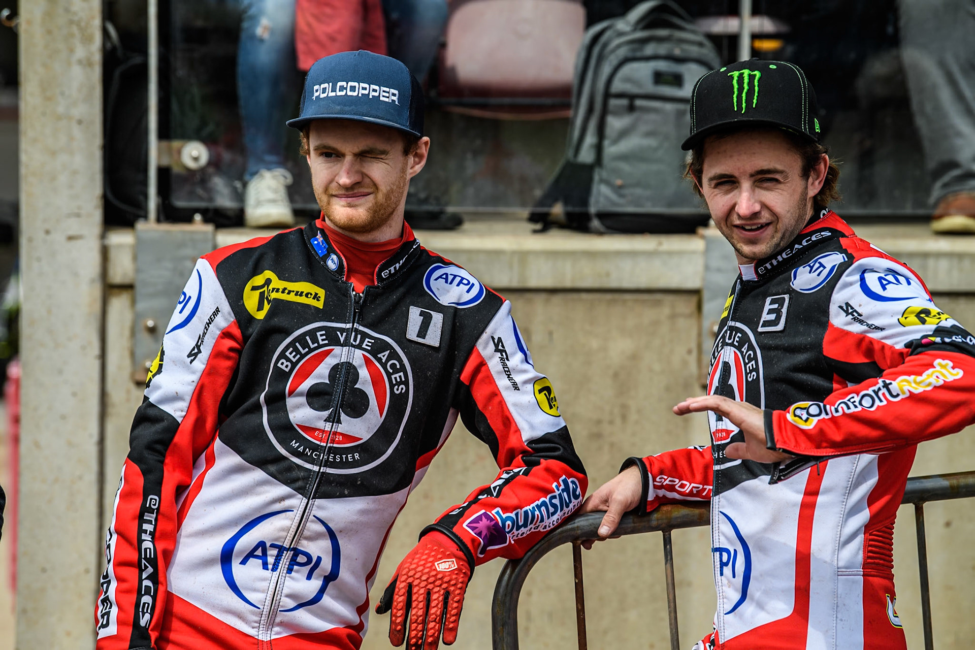 Belle Vue Aces' Brady Kurtz  (Left) and Belle Vue Aces' Jaimon Lidsey  during the Rowe Motor Oil Premiership match between Belle Vue Aces and Birmingham Brummies at the National Speedway Stadium, Manchester on Monday 6th May 2024. (Photo: Ian Charles | MI News)