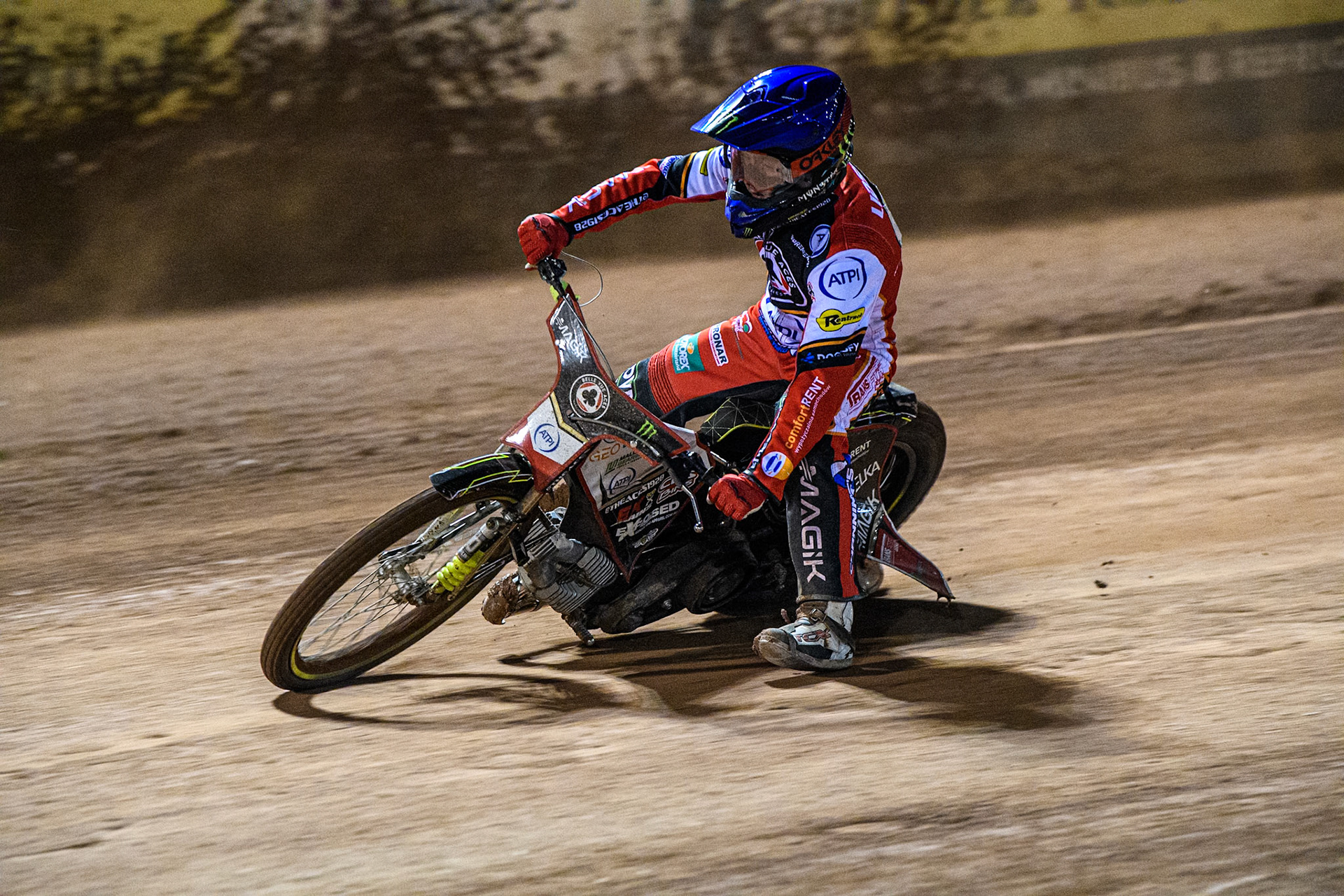Jaimon Lidsey of Belle Vue Aces slows down as his engine  fails during the Rowe Motor Oil Premiership match between Belle Vue Aces and King's Lynn Stars at the National Speedway Stadium, Manchester on Monday 5th April 2025. (Photo: Ian Charles | MI News)