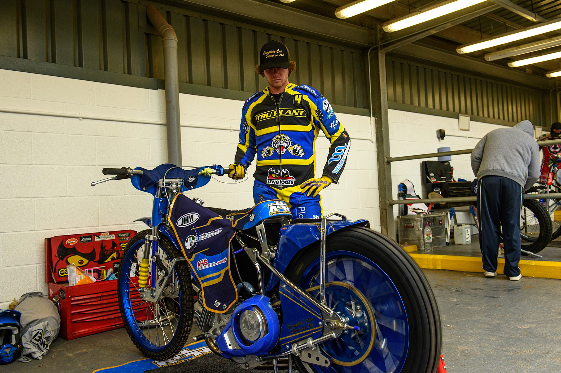 Photo: Ian CharlesKyle Howarth warms up his bike before practiceDiscovery Networks Eurosport Speedway Season Launch, National Speedway Stadium, Manchester Wednesday  12  May  2021