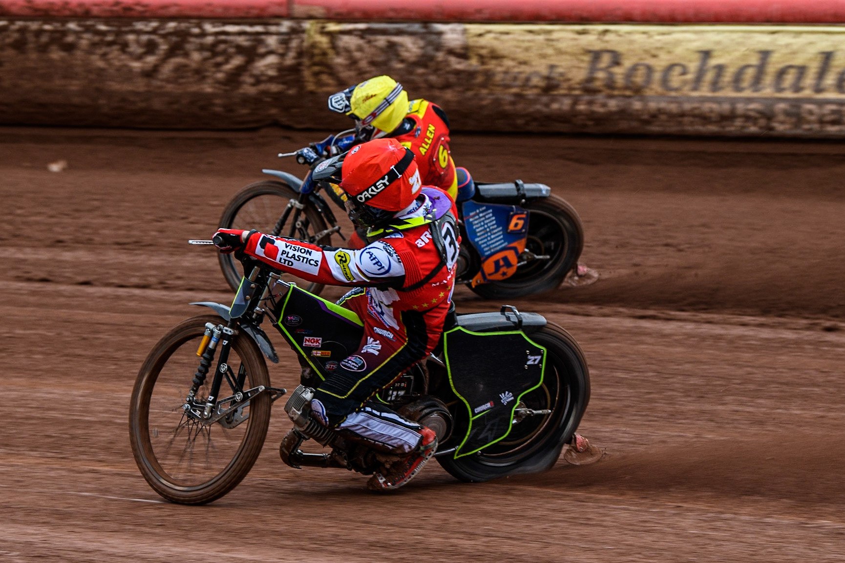 Tom Brennan  (Red) inside Jake Allen  (Yellow) during the SGB Premiership match between Belle Vue Aces and Leicester Lions at the National Speedway Stadium, Manchester on Monday 1st May 2023. (Photo: Ian Charles | MI News)