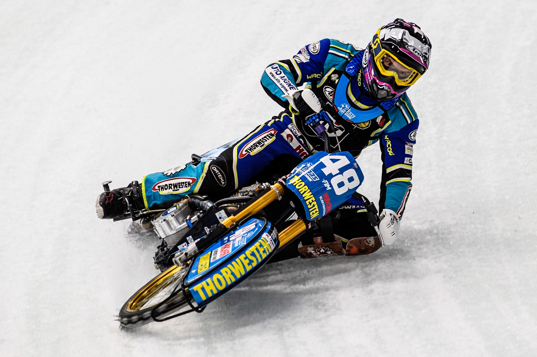 Luca Bauer (48) of Germany in action during practice for  the Ice Speedway Gladiators World Championship Finals 1 &amp; 2 at Max-Aicher-Arena, Inzell on Friday 14th March 2025. (Photo: Ian Charles | MI News)