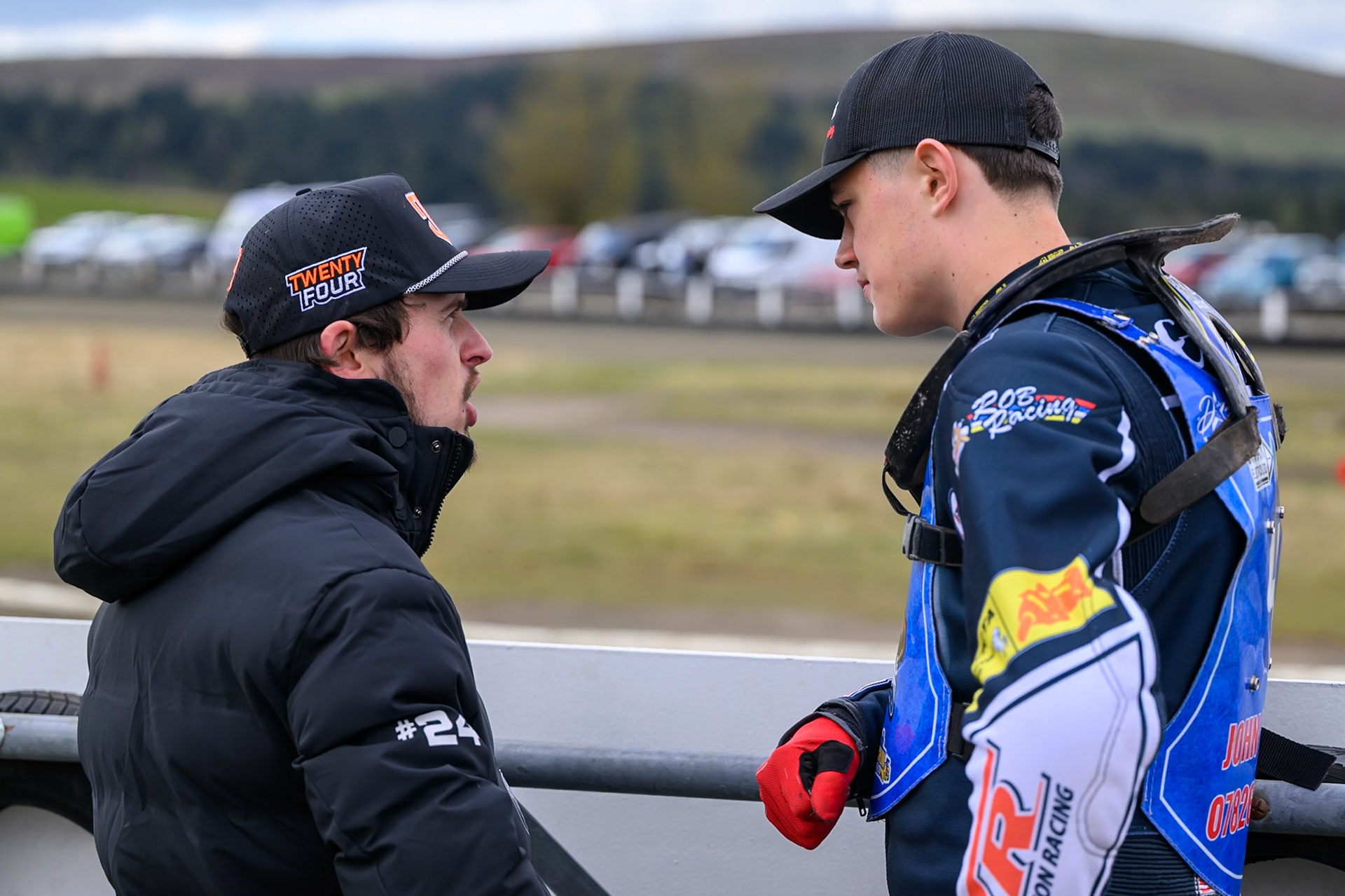 Jack Smith of Buxton Bulls (Left) chats with Jamie Etherington of Buxton Bulls during the  Challenge match between Buxton Bulls and NDL Nomads at Hi-Edge Speedway, Buxton on Sunday 19th April 2026. (Photo: Ian Charles | MI News)