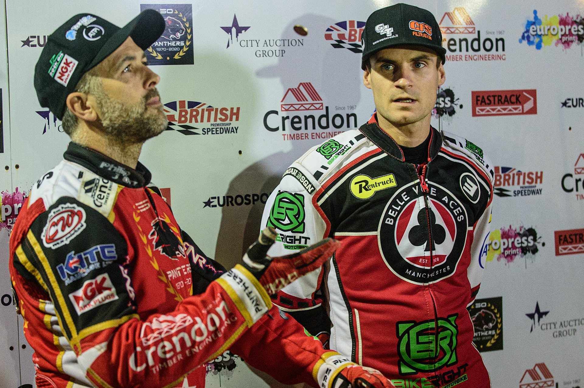 PETERBOROUGH, UK. OCT 14TH Scott Nicholls (left) does the coin toss for gate positions with Steve Worrall   during the SGB Premiership Grand Final 2nd leg between Peterborough and Belle Vue Aces at East of England Showground, Peterborough on Thursday 14th October 2021. (Credit: Ian Charles | MI News)