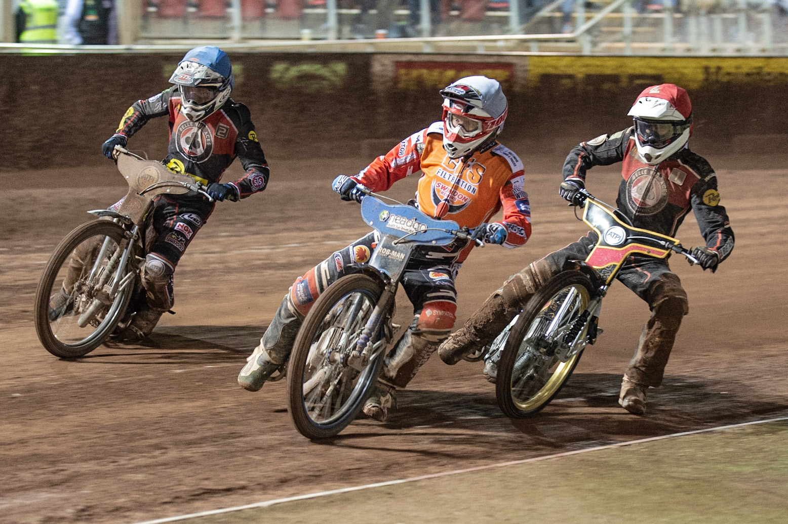 Photo by Ian Charles:

Tobiasz Musielak  (White) leads Max Fricke  (Red) and Steve Worrall  (Blue)

Belle Vue Aces v Swindon Robins, Supporters Cup Final 1st Leg, National Speedway Stadium, Manchester, Thursday, 12, September, 2019