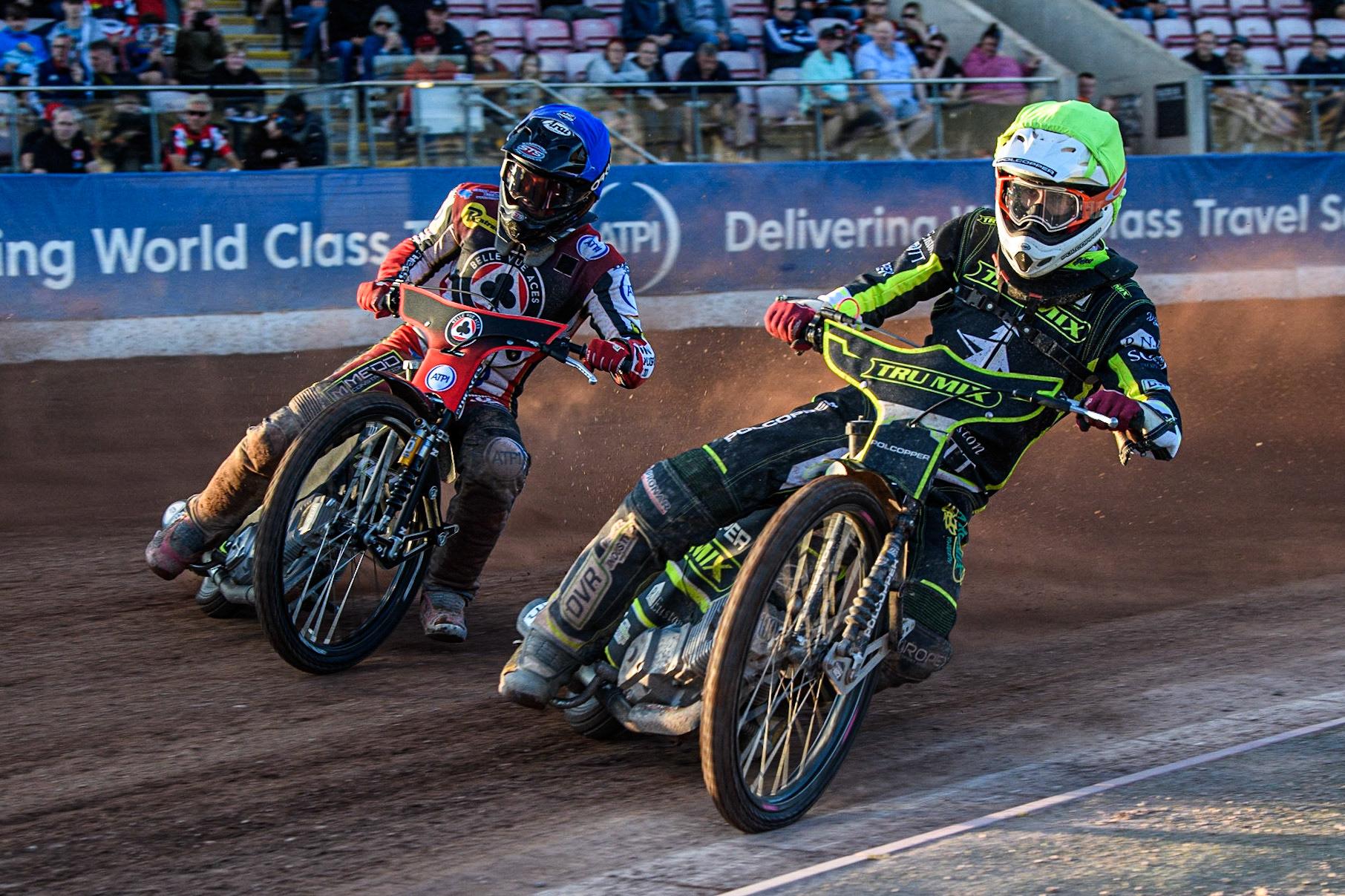 Jason Doyle (Yellow) leads Charles Wright (Blue) during the Sports Insure Premiership match between Belle Vue Aces and Ipswich Witches at the National Speedway Stadium, Manchester on Monday 5th June 2023. (Photo: Ian Charles | MI News)