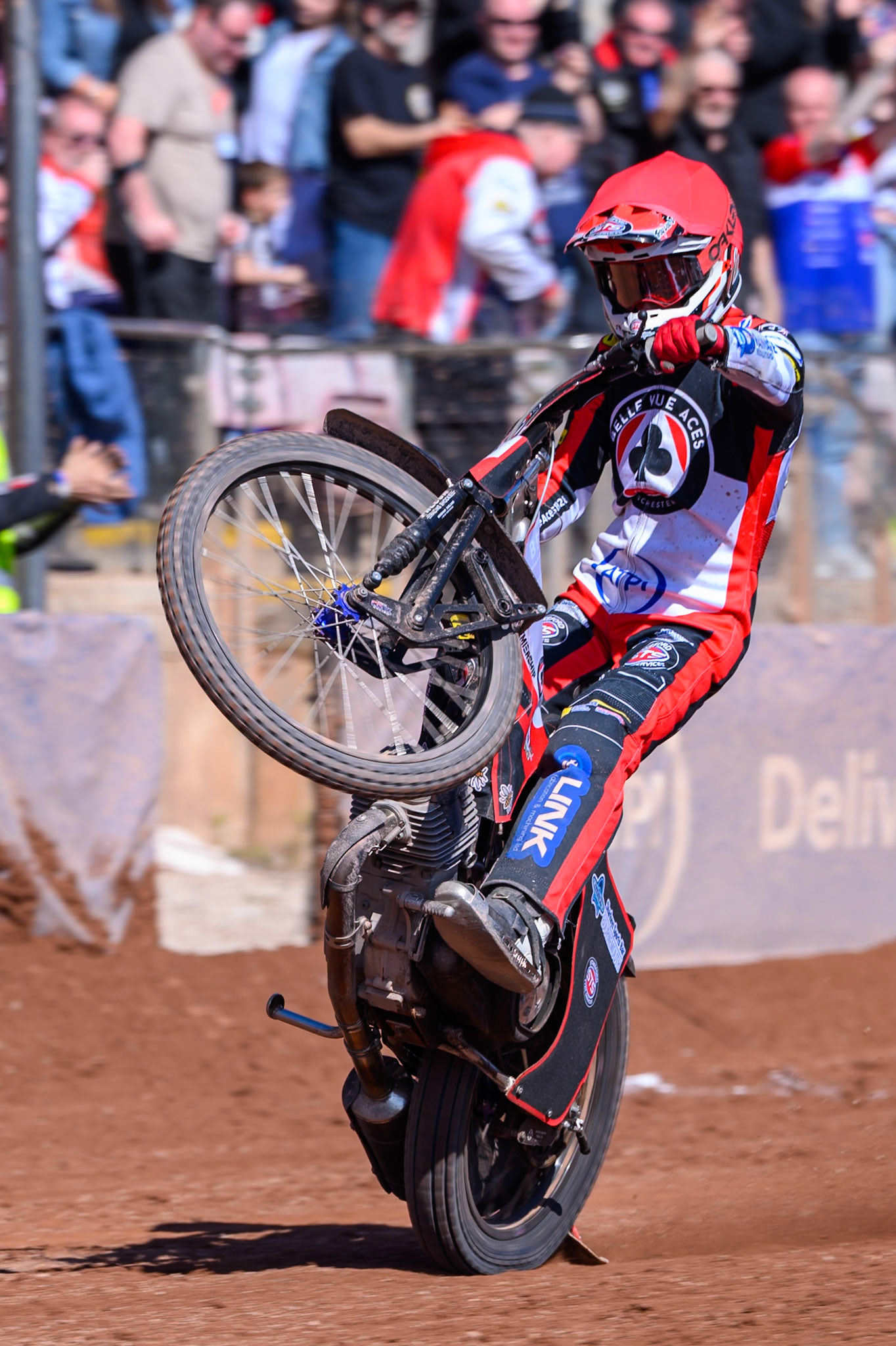 Zach Cook of Belle Vue Aces  does a wheelie during the Knockout Cup Northern Section match between Belle Vue Aces and Leicester Lions at the National Speedway Stadium, Manchester on Monday 6th April 2026. (Photo: Ian Charles | MI News)