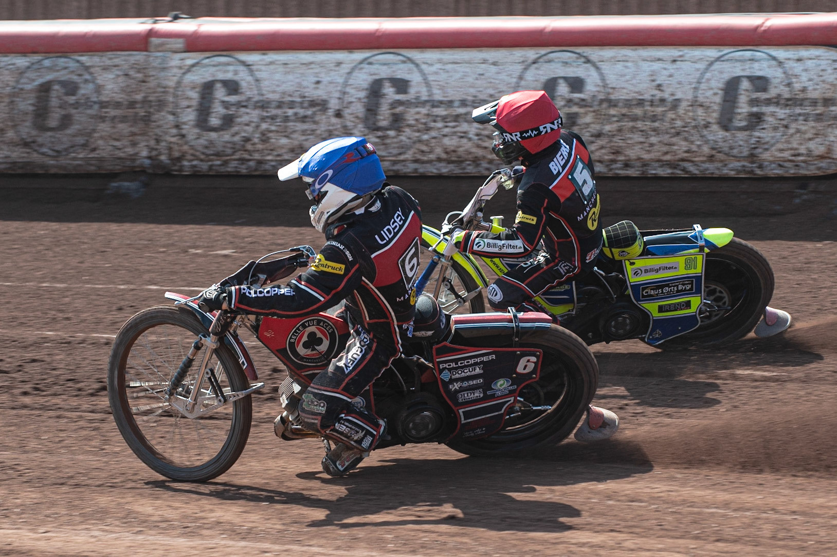 Photo: Ian Charles

Jaimon Lidsey  (Blue) inside Kenneth Bjerre  (Red)

Belle Vue Aces v Kings Lynn Stars, British Speedway Premiership, Belle Vue National Speedway Stadium, Manchester, Monday 26  August  2019