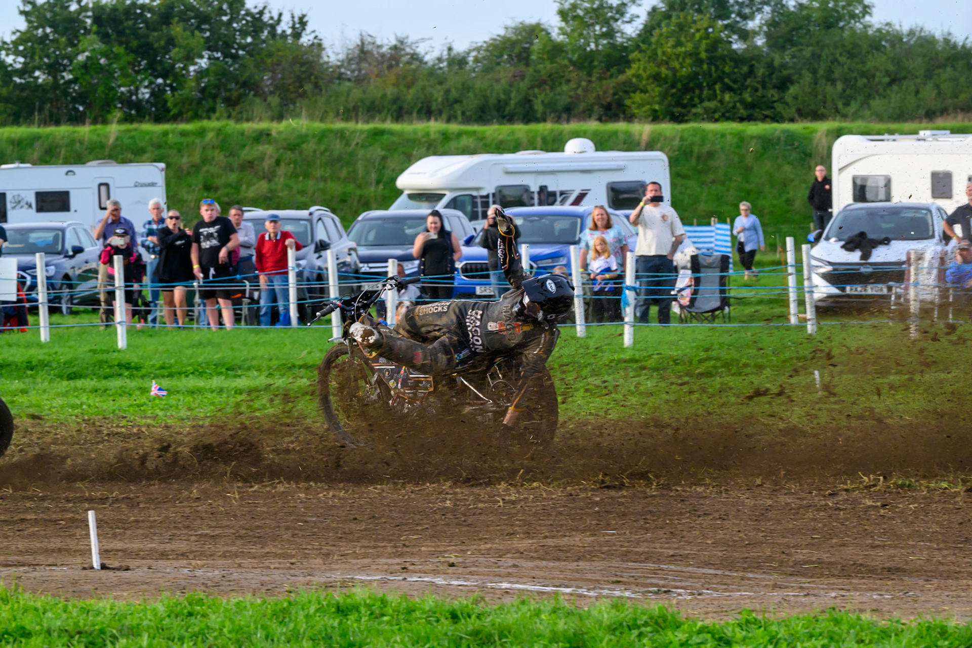 British Masters (Solos): Ashton Vale (152) catches the back wheel of Chris Harris (37)  and comes off during the British Masters Grasstrack Championship at Lower Marsh Farm, Much Hoole, Preston in Lancashire, England on Sunday 13th September 2026. (Photo: Ian Charles | MI News)