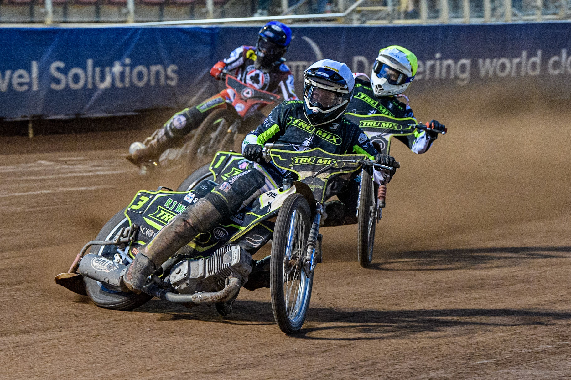 Jaimon Lidsey (White) leads team mate Emil Sayfutdinov and Tom Brennan (Blue) during the Sports Insure Premiership match between Belle Vue Aces and Ipswich Witches at the National Speedway Stadium, Manchester on Monday 17th July 2023. (Photo: Ian Charles | MI News)