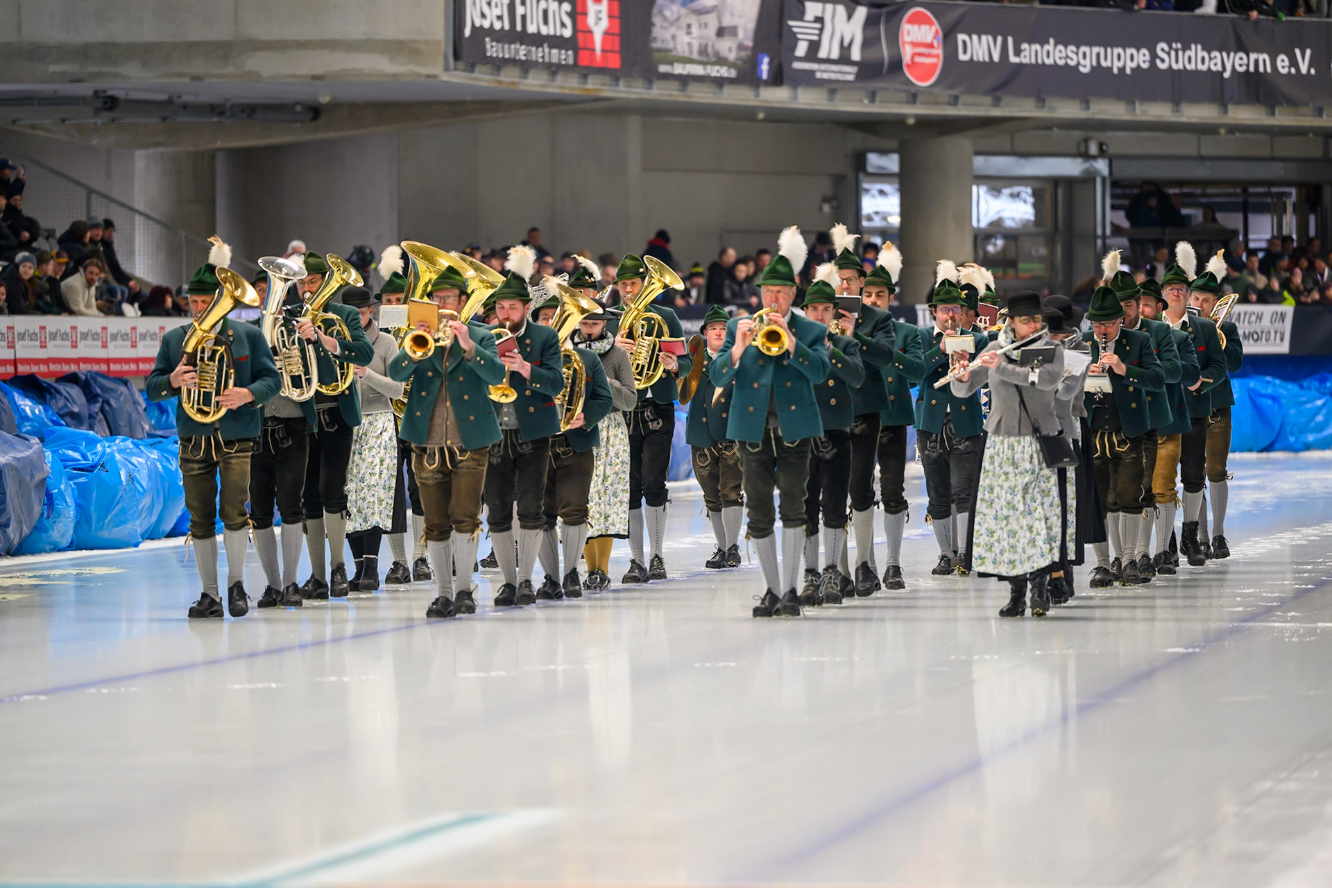 The band lead out the parade during the Ice Speedway Gladiators World Championship Final 2 at Max-Aicher-Arena, Inzell on Sunday 15th March 2026. (Photo: Ian Charles | MI News)